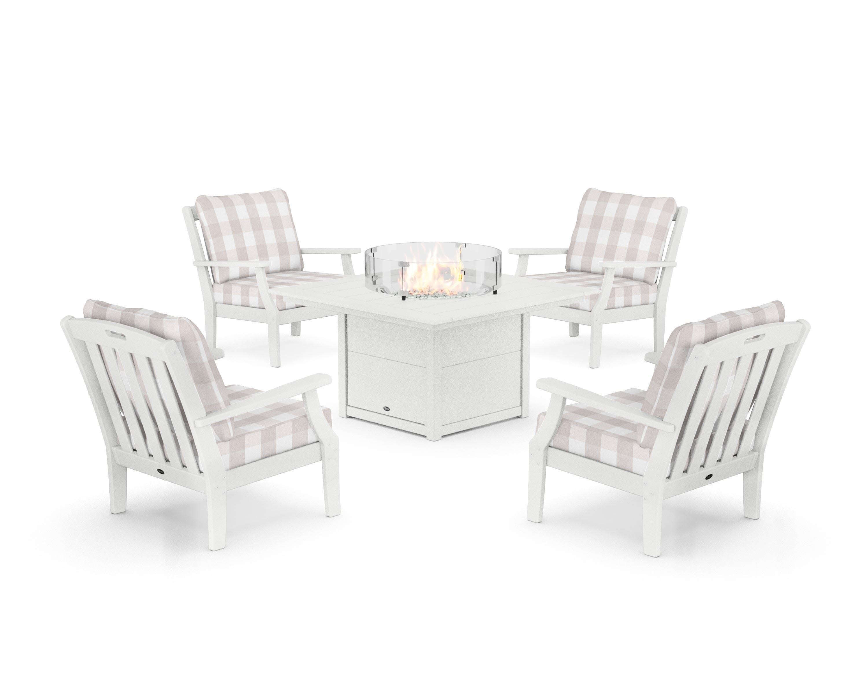 Yacht Club 5-Piece Deep Seating Set with Square Fire Pit Table in Classic White / Buffalo Plaid Dune Burlap