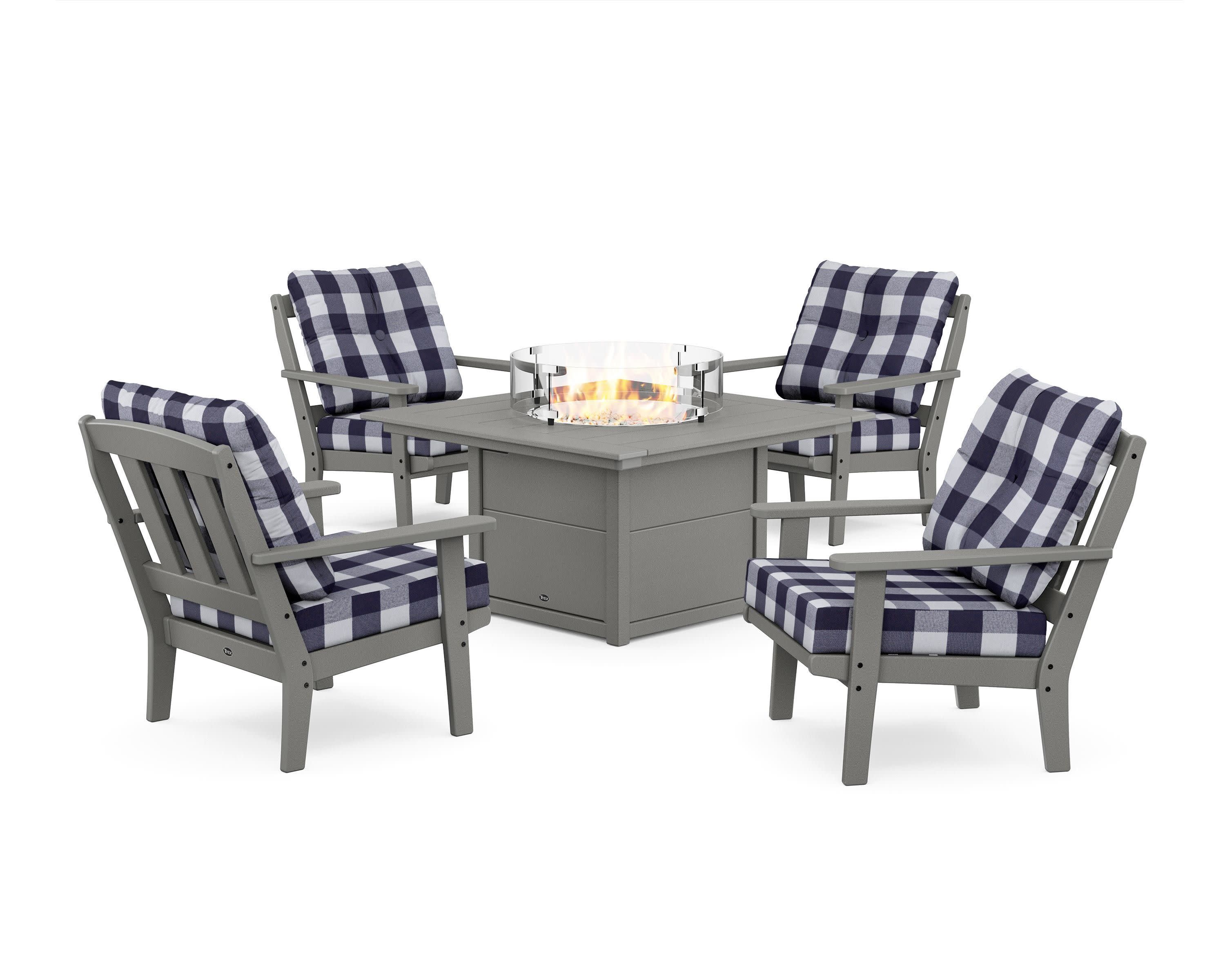 Cape Cod 5-Piece Deep Seating Set with Fire Pit Table in Stepping Stone / Buffalo Plaid Navy