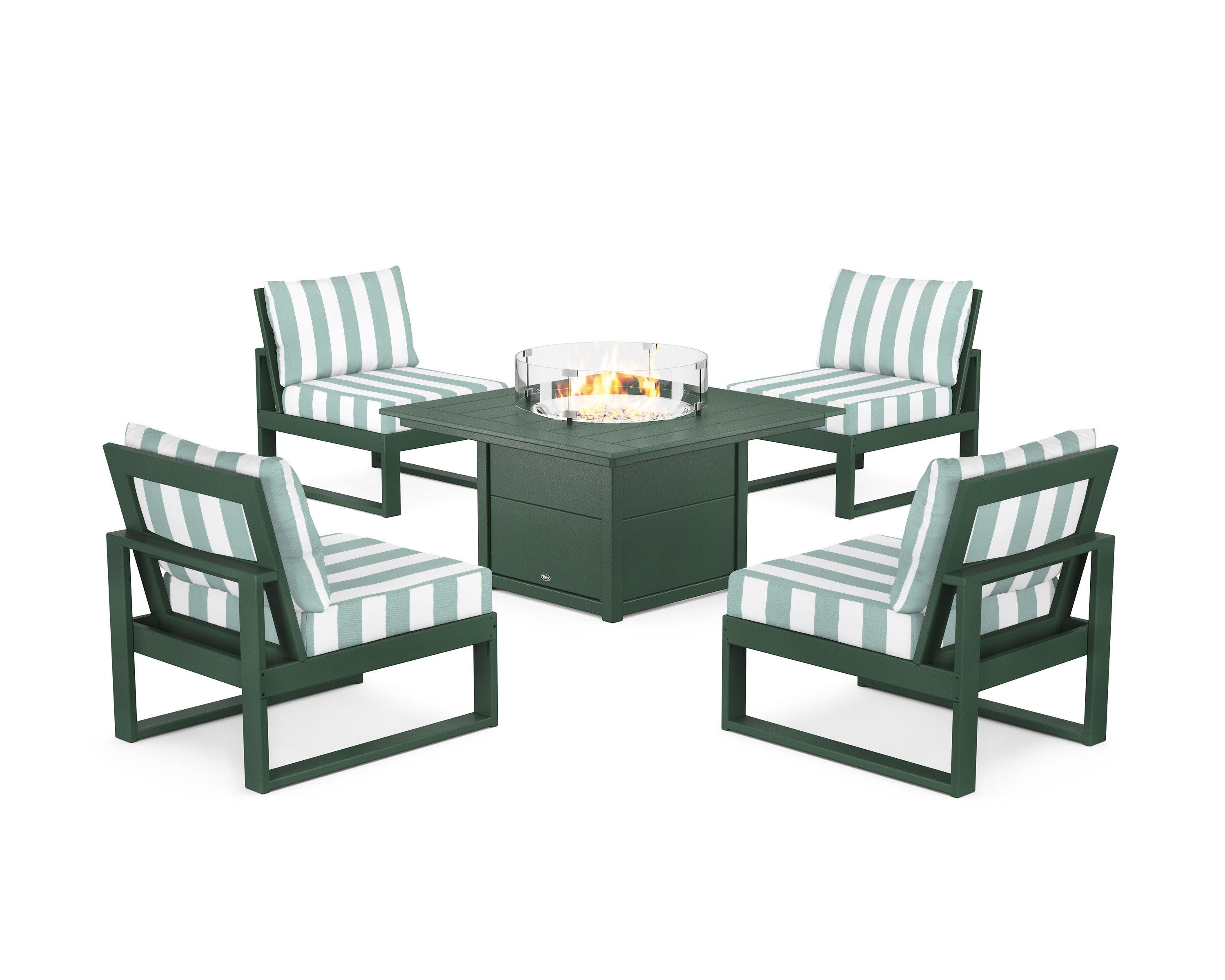 Eastport Modular 5-Piece Deep Seating Set with Square Fire Pit Table in Rainforest Canopy / Cabana Stripe Glacier Spa