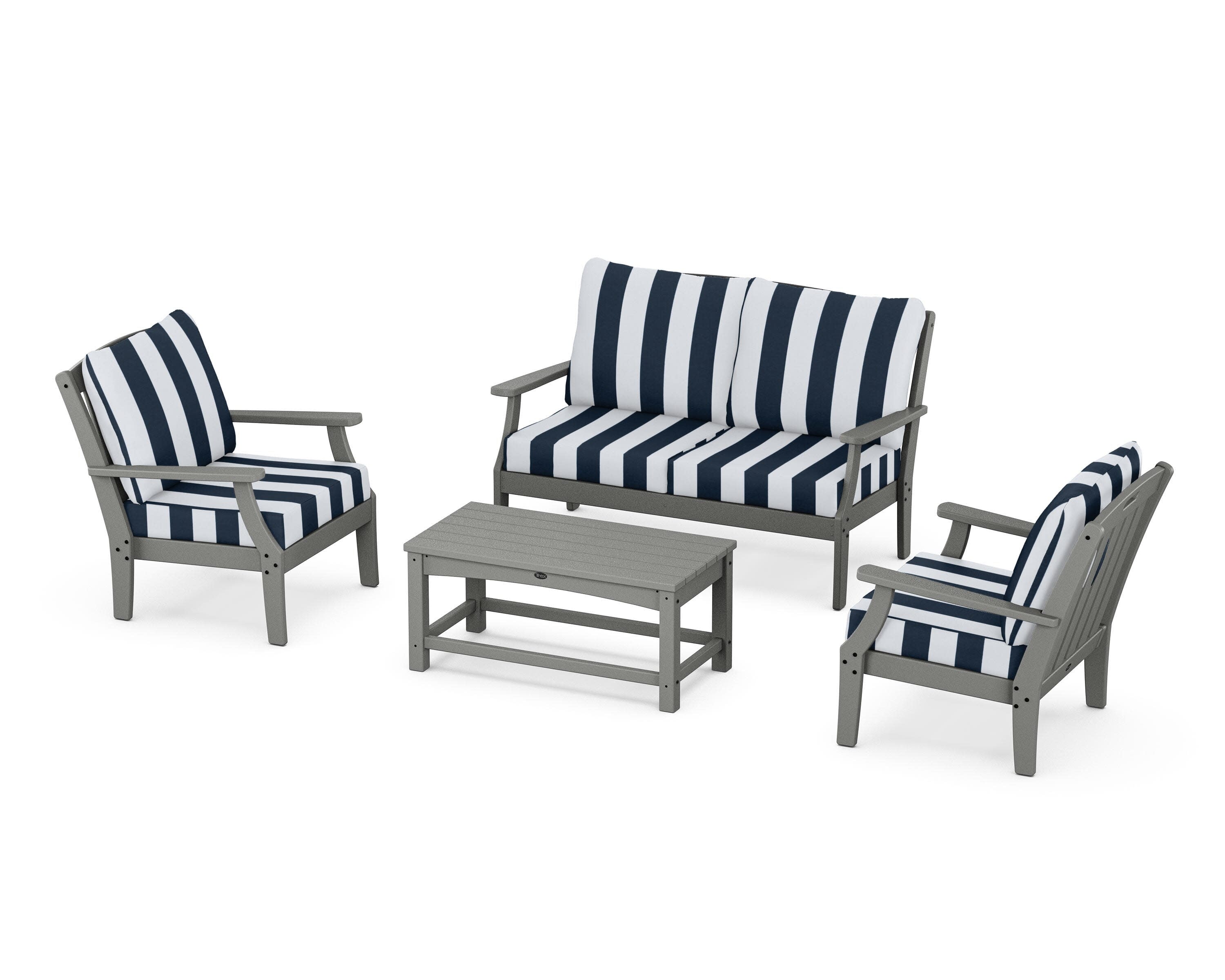 Yacht Club 4-Piece Deep Seating Chair Set in Stepping Stone / Cabana Stripe Marine Indigo