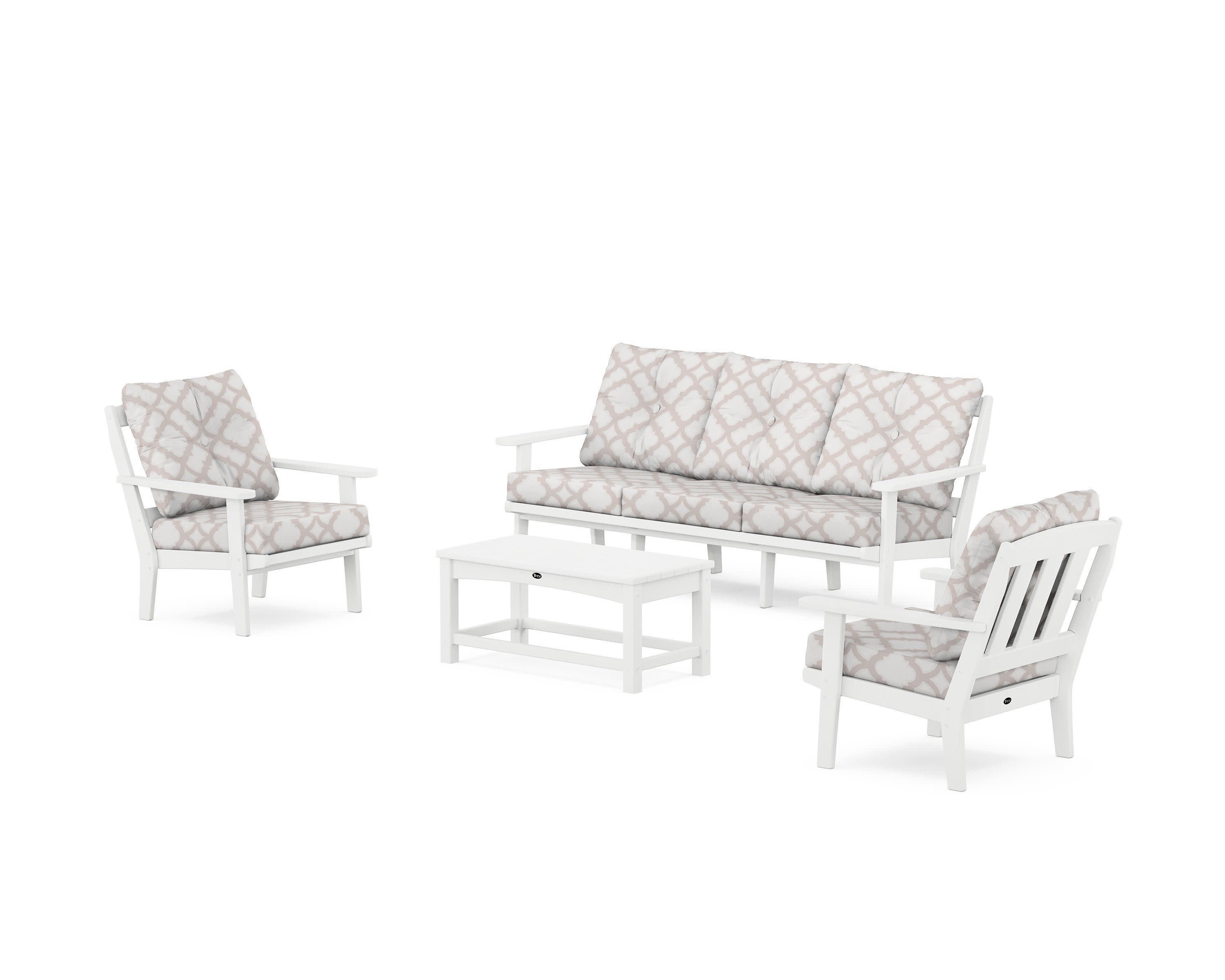 Cape Cod 4-Piece Deep Seating Set with Sofa in Classic White / Trellis Dune Burlap