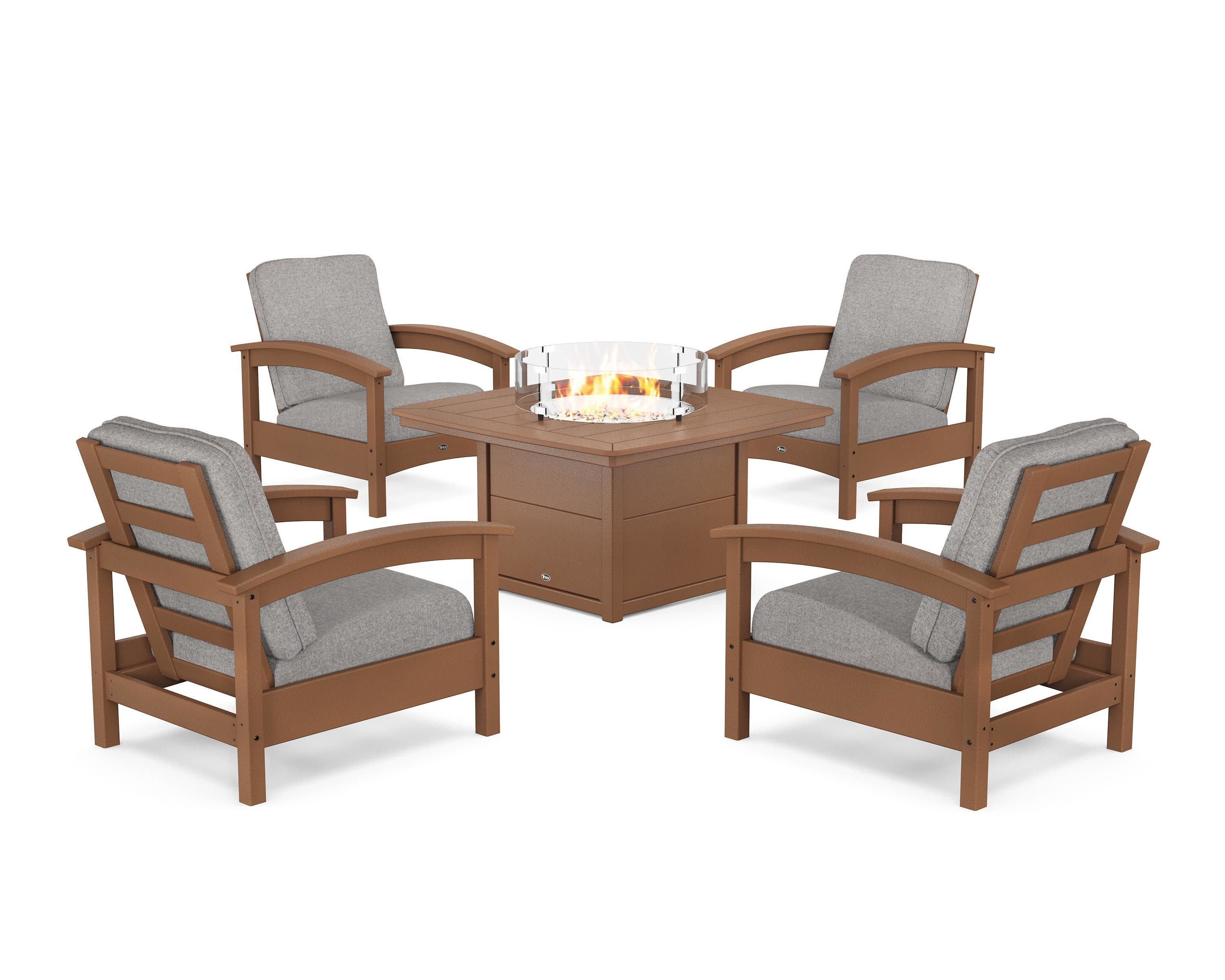 Rockport 5-Piece Deep Seating Set with Yacht Club Fire Pit Table in Tree House / Grey Mist