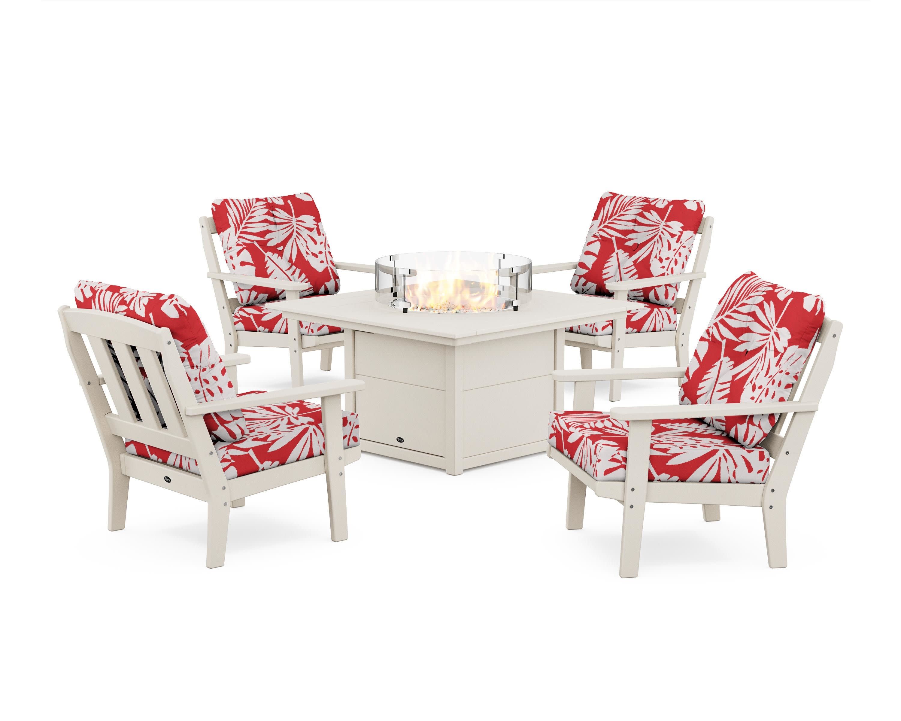 Cape Cod 5-Piece Deep Seating Set with Fire Pit Table in Sand Castle / Leaf Crimson