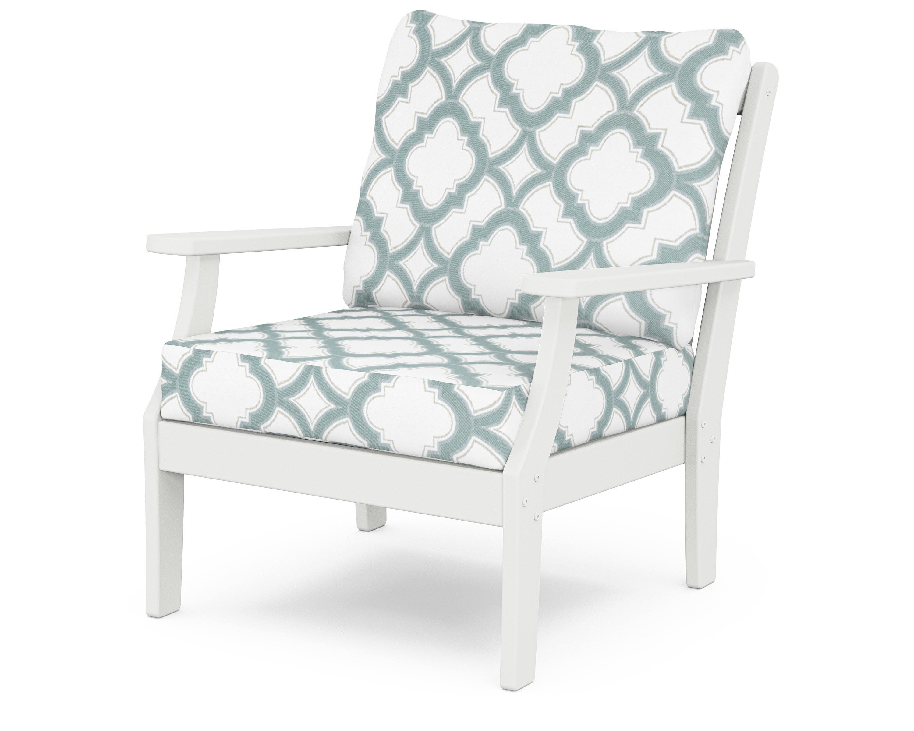 Yacht Club Deep Seating Chair in Classic White / Trellis Glacier Spa