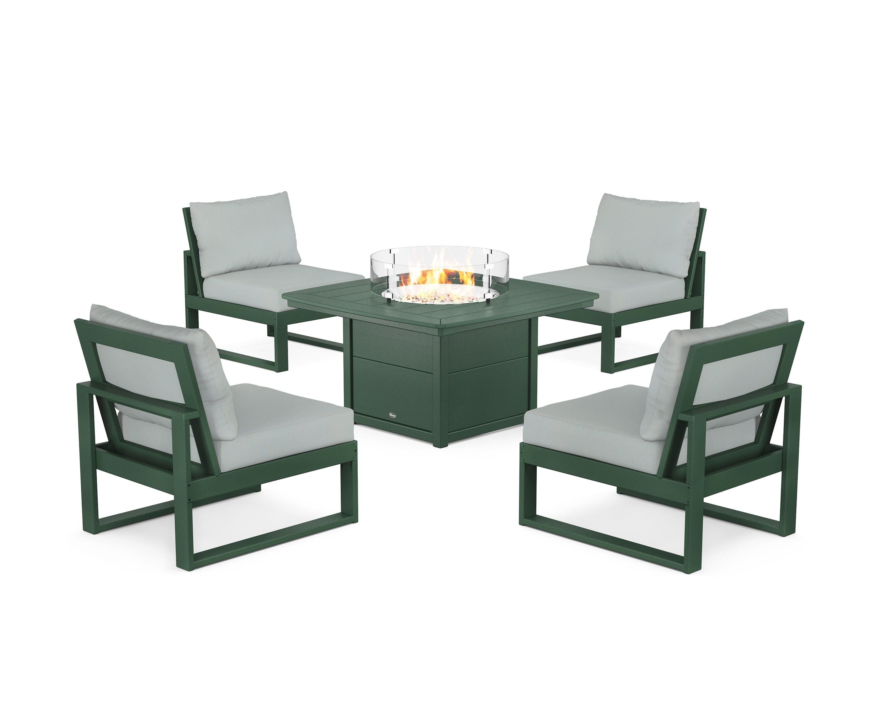Eastport Modular 5-Piece Deep Seating Set with Yacht Club Fire Pit Table in Rainforest Canopy / Spa