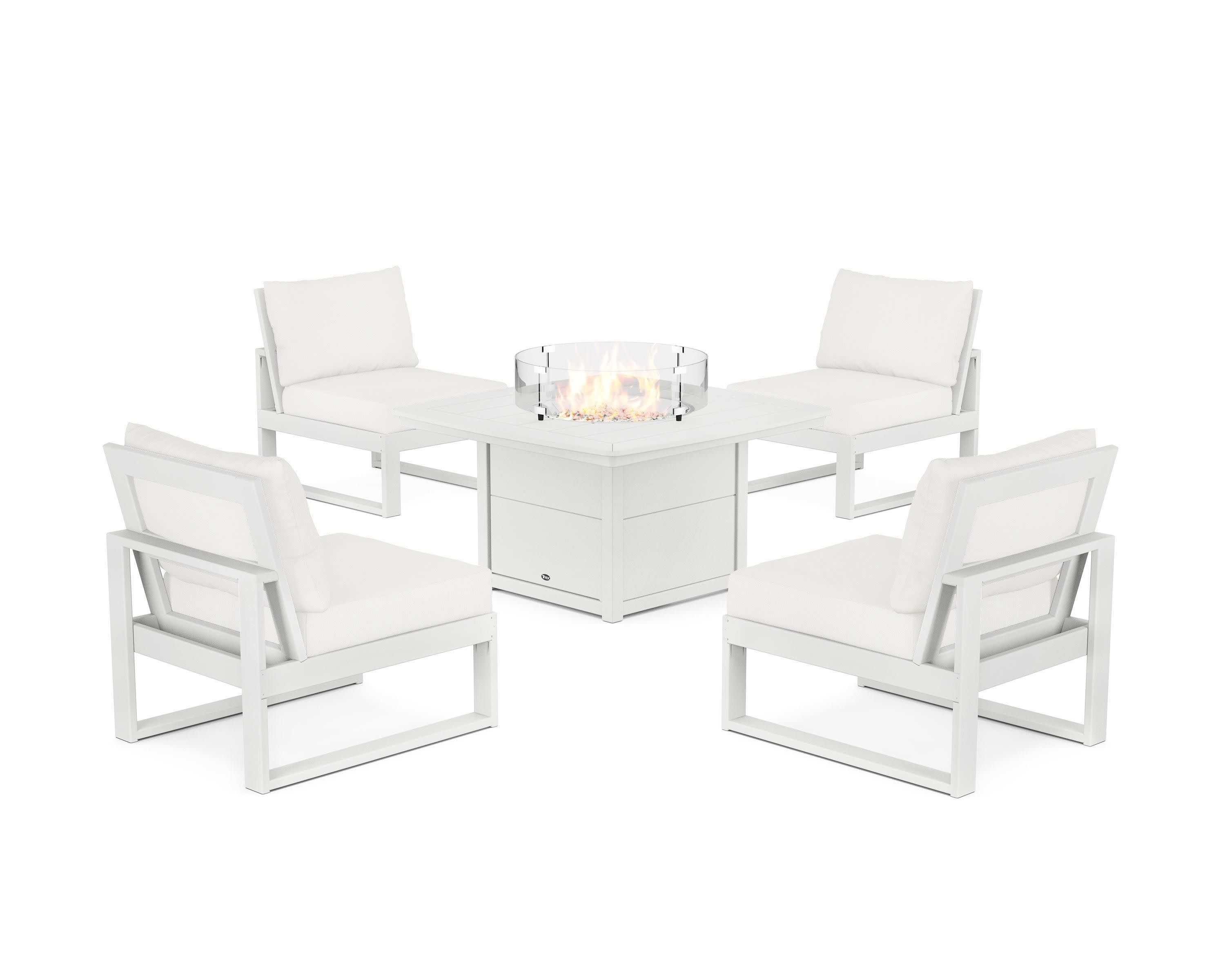 Eastport Modular 5-Piece Deep Seating Set with Yacht Club Fire Pit Table in Classic White / Natural Linen