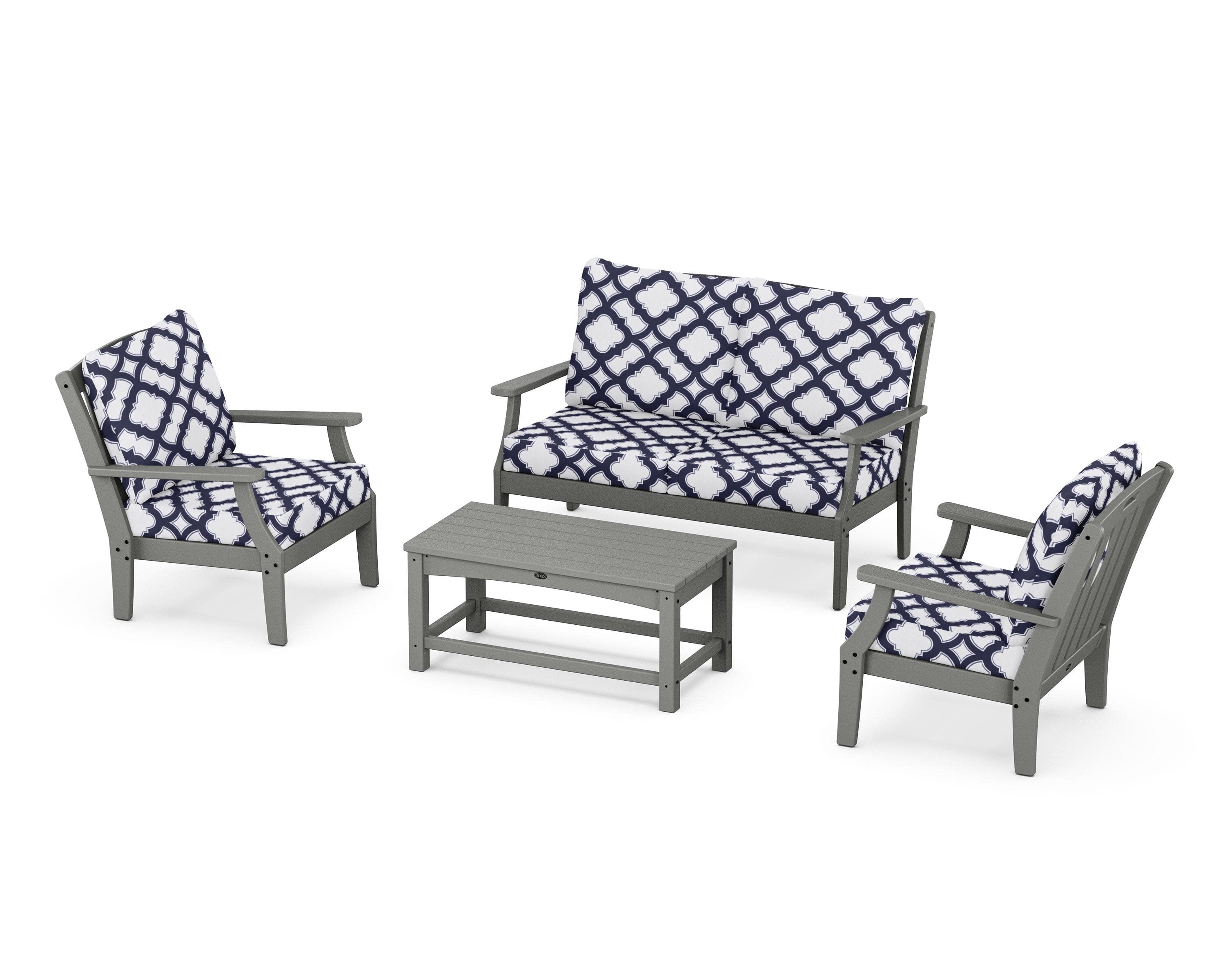 Yacht Club 4-Piece Deep Seating Chair Set in Stepping Stone / Trellis Navy