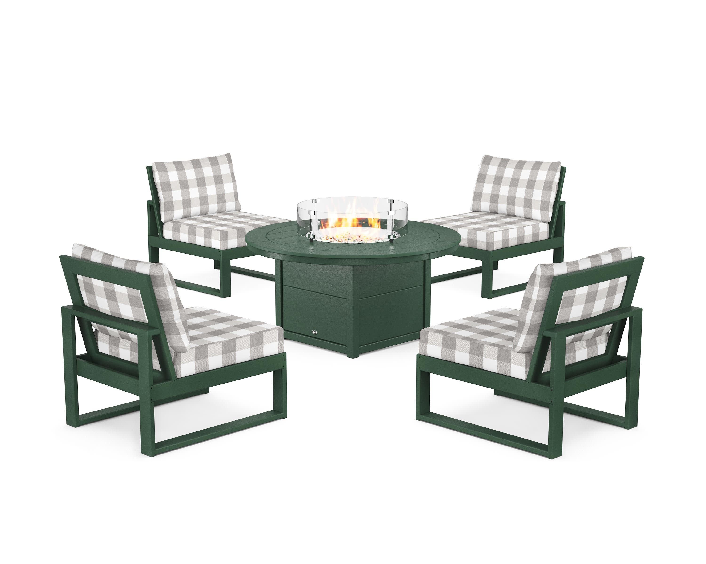 Eastport Modular 5-Piece Deep Seating Set with Round Fire Pit Table in Rainforest Canopy / Buffalo Plaid Grey Mist