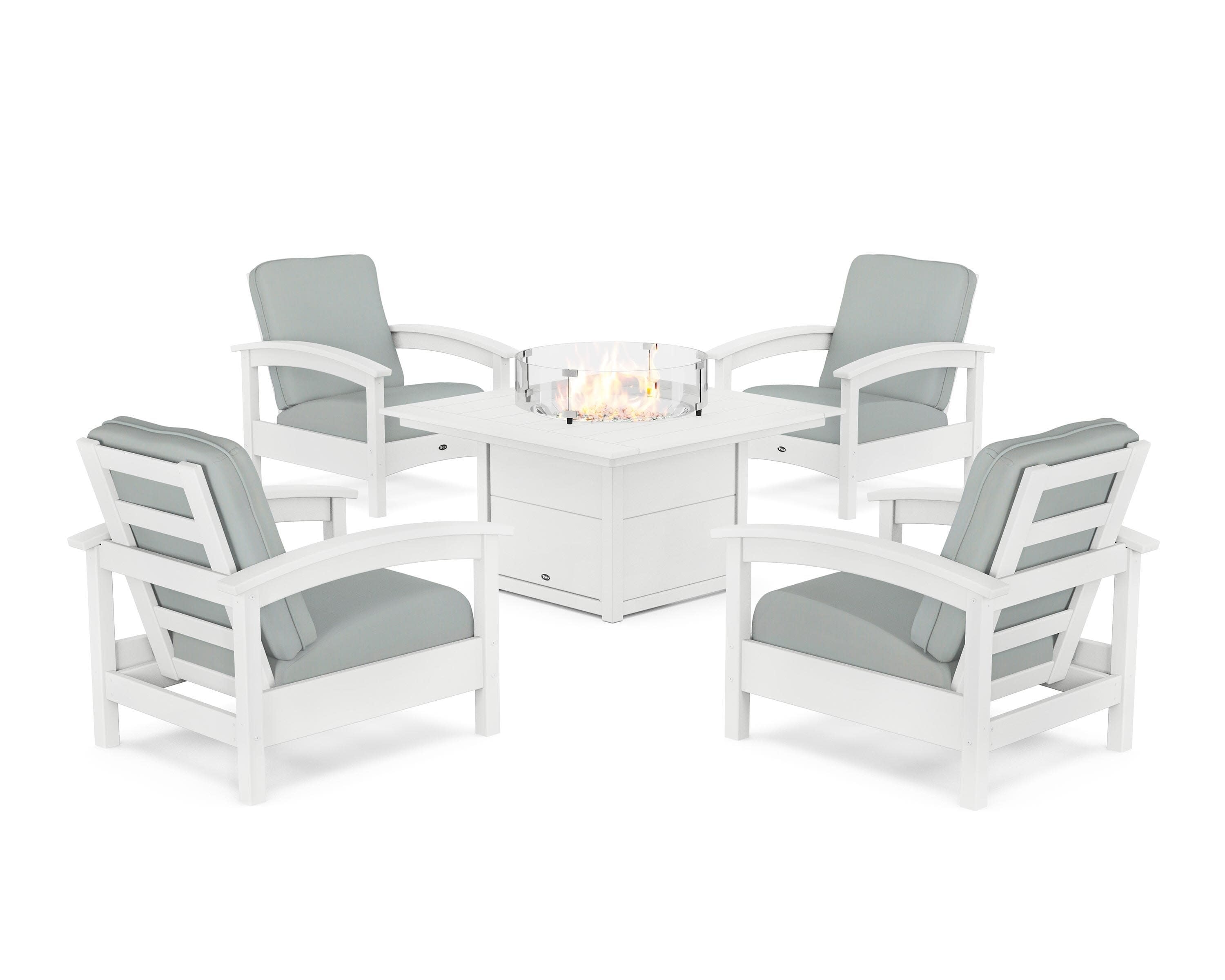 Rockport 5-Piece Deep Seating Set with Square Fire Pit Table in Classic White / Spa