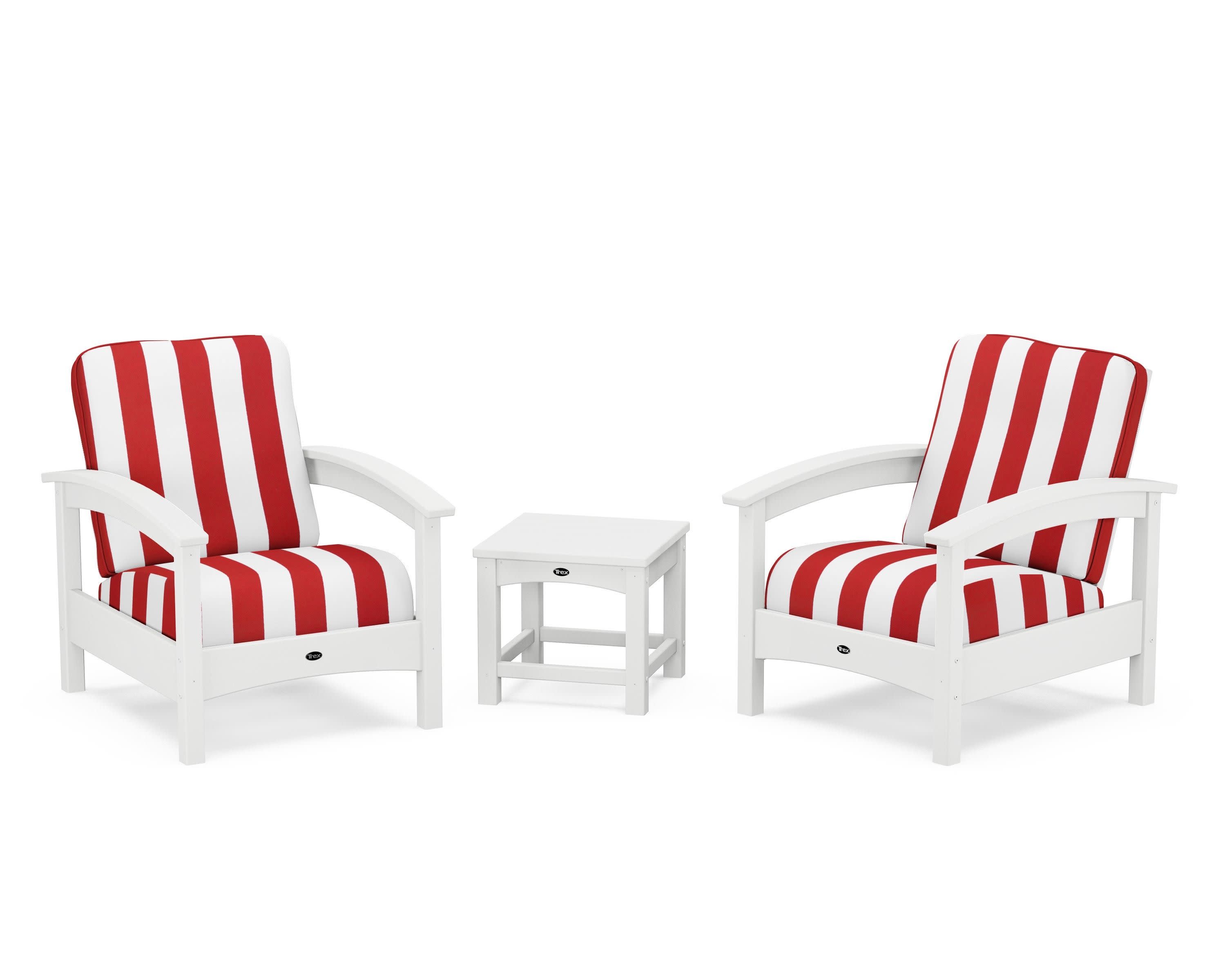 Rockport Club 3-Piece Deep Seating Conversation Set in Classic White / Cabana Stripe Crimson
