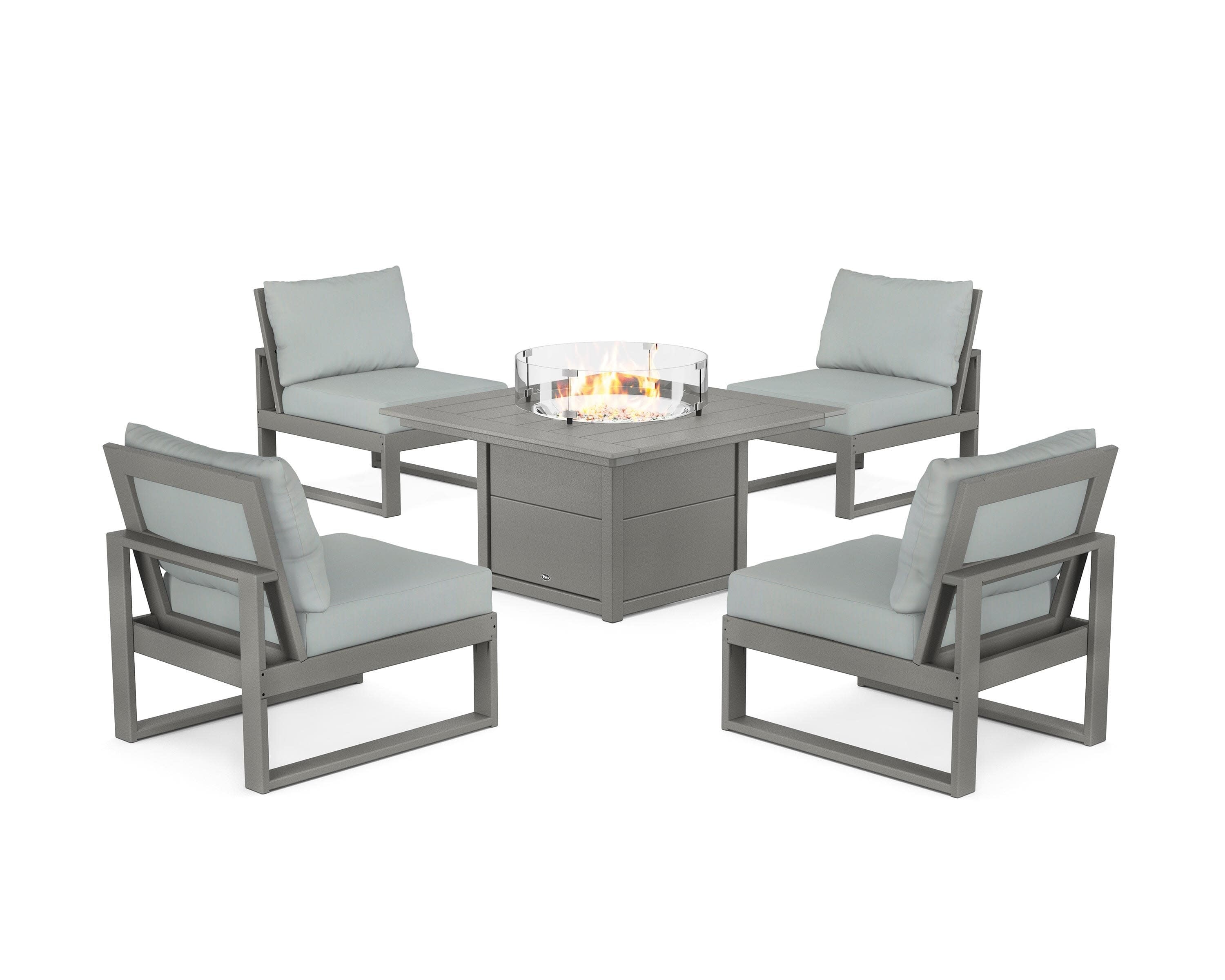 Eastport Modular 5-Piece Deep Seating Set with Square Fire Pit Table in Stepping Stone / Spa