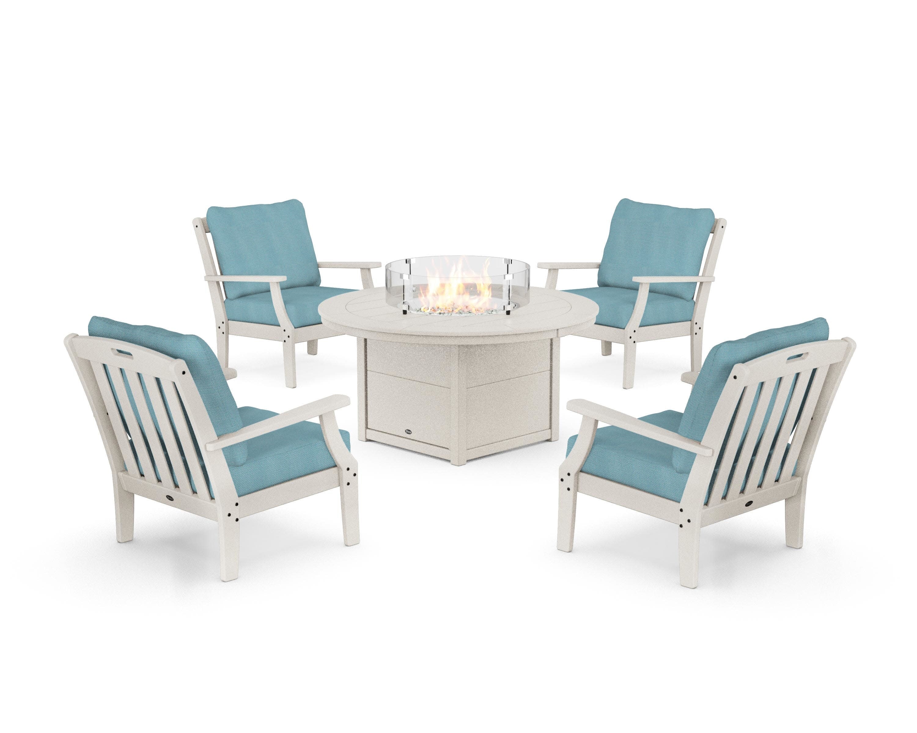 Yacht Club 5-Piece Deep Seating Set with Round Fire Pit Table in Sand Castle / Lattice Sky Blue