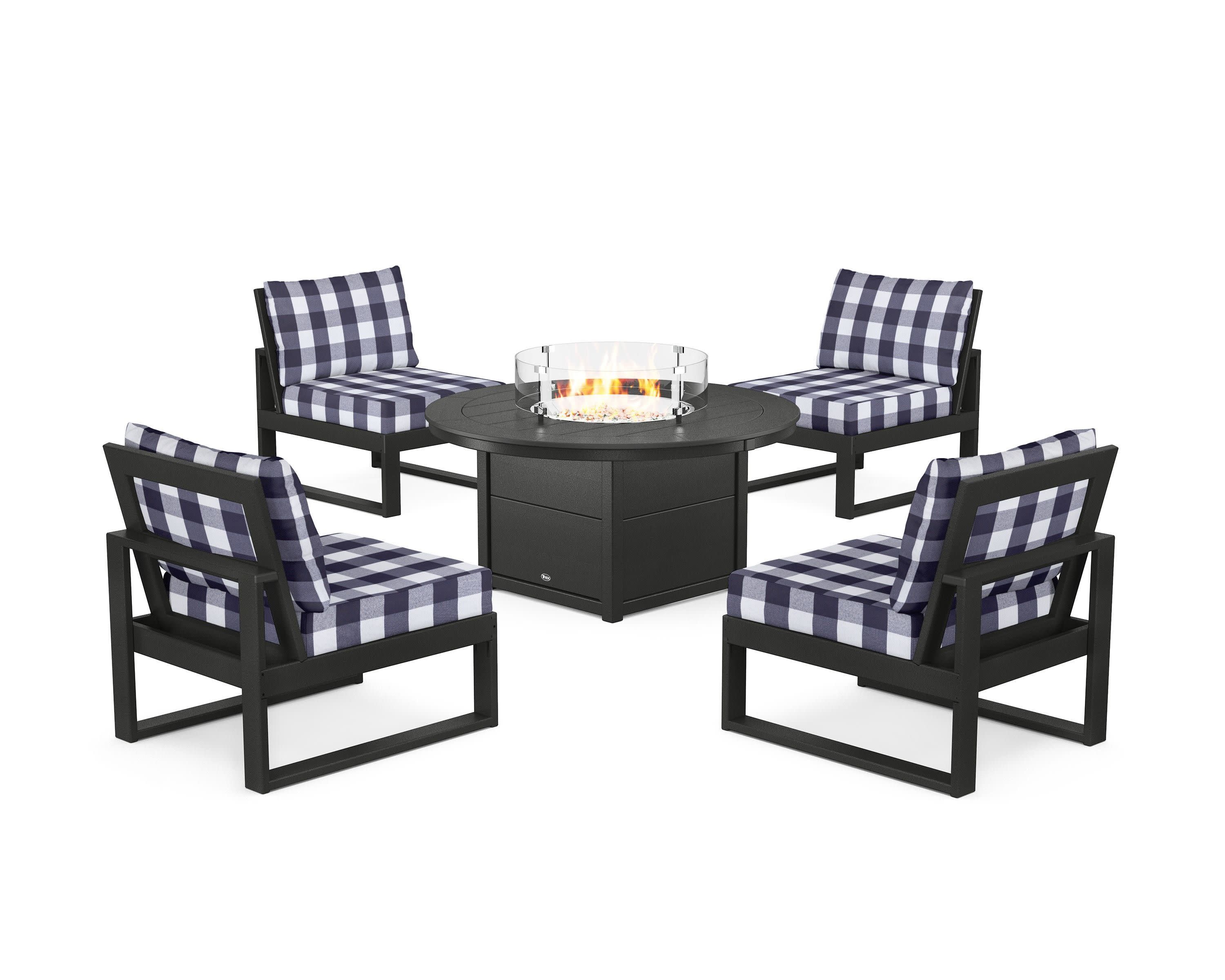 Eastport Modular 5-Piece Deep Seating Set with Round Fire Pit Table in Charcoal Black / Buffalo Plaid Navy