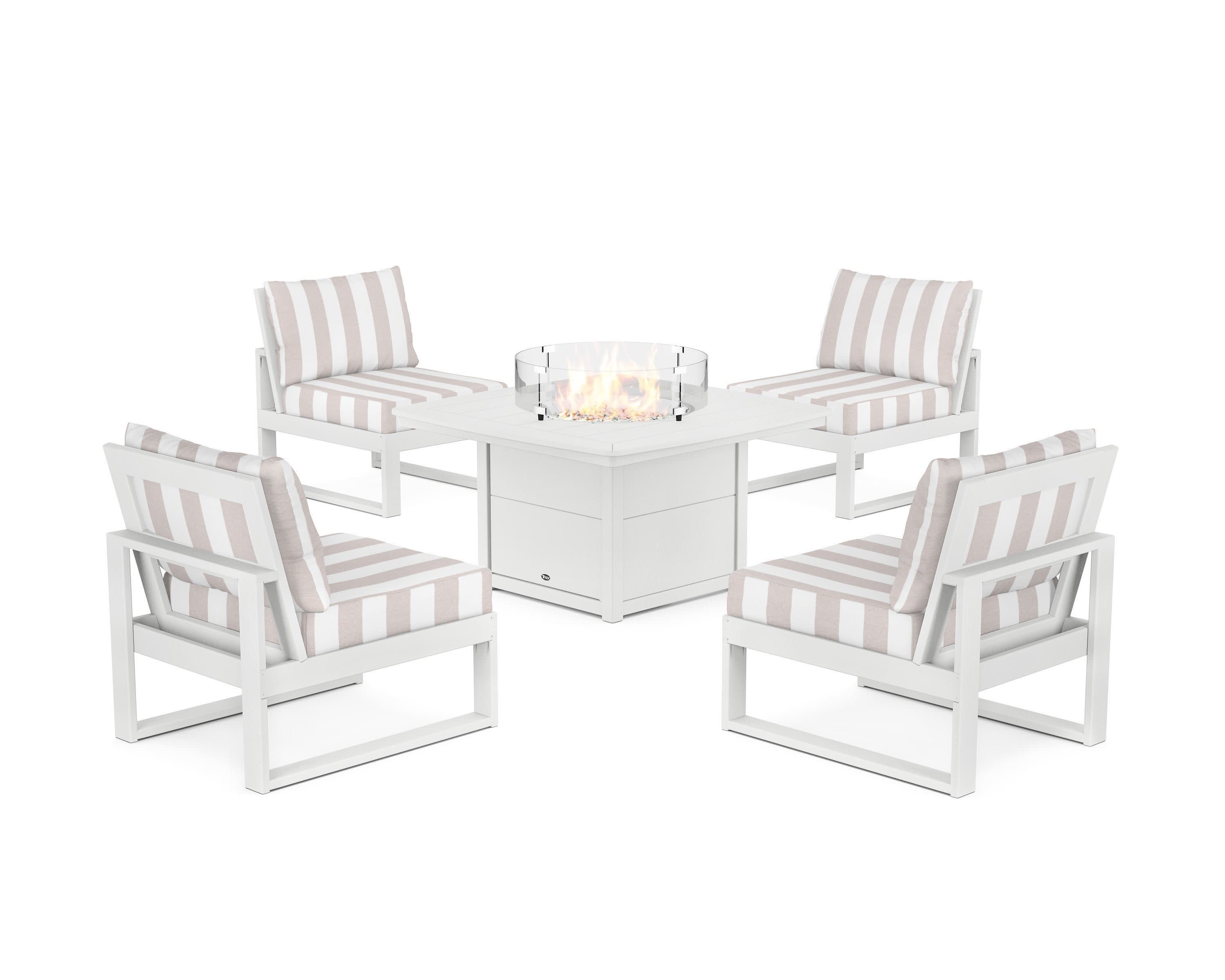 Eastport Modular 5-Piece Deep Seating Set with Yacht Club Fire Pit Table in Classic White / Cabana Stripe Dune Burlap