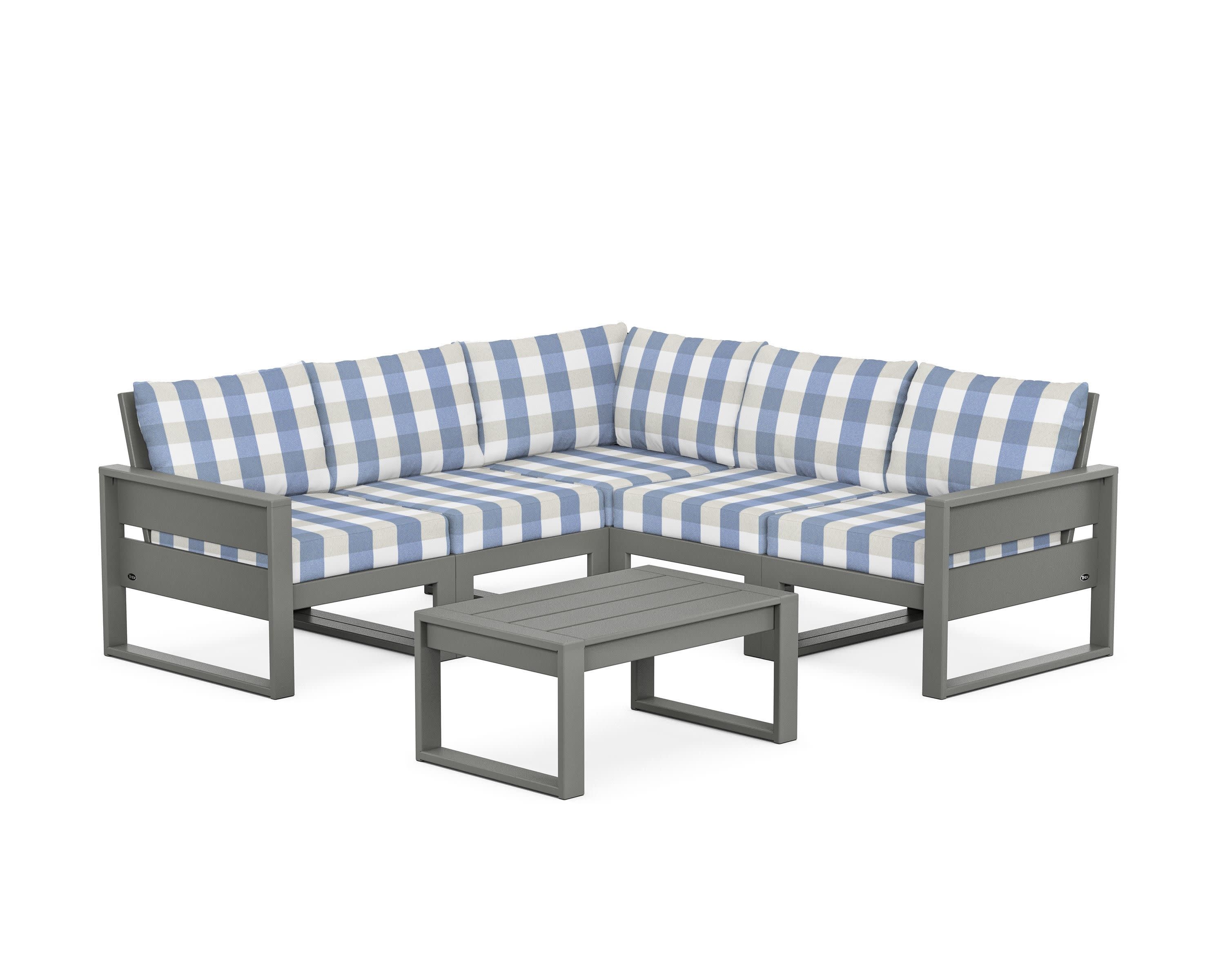 Eastport 6-Piece Deep Seating Sectional + Coffee Table Set in Stepping Stone / Buffalo Plaid Sky Blue