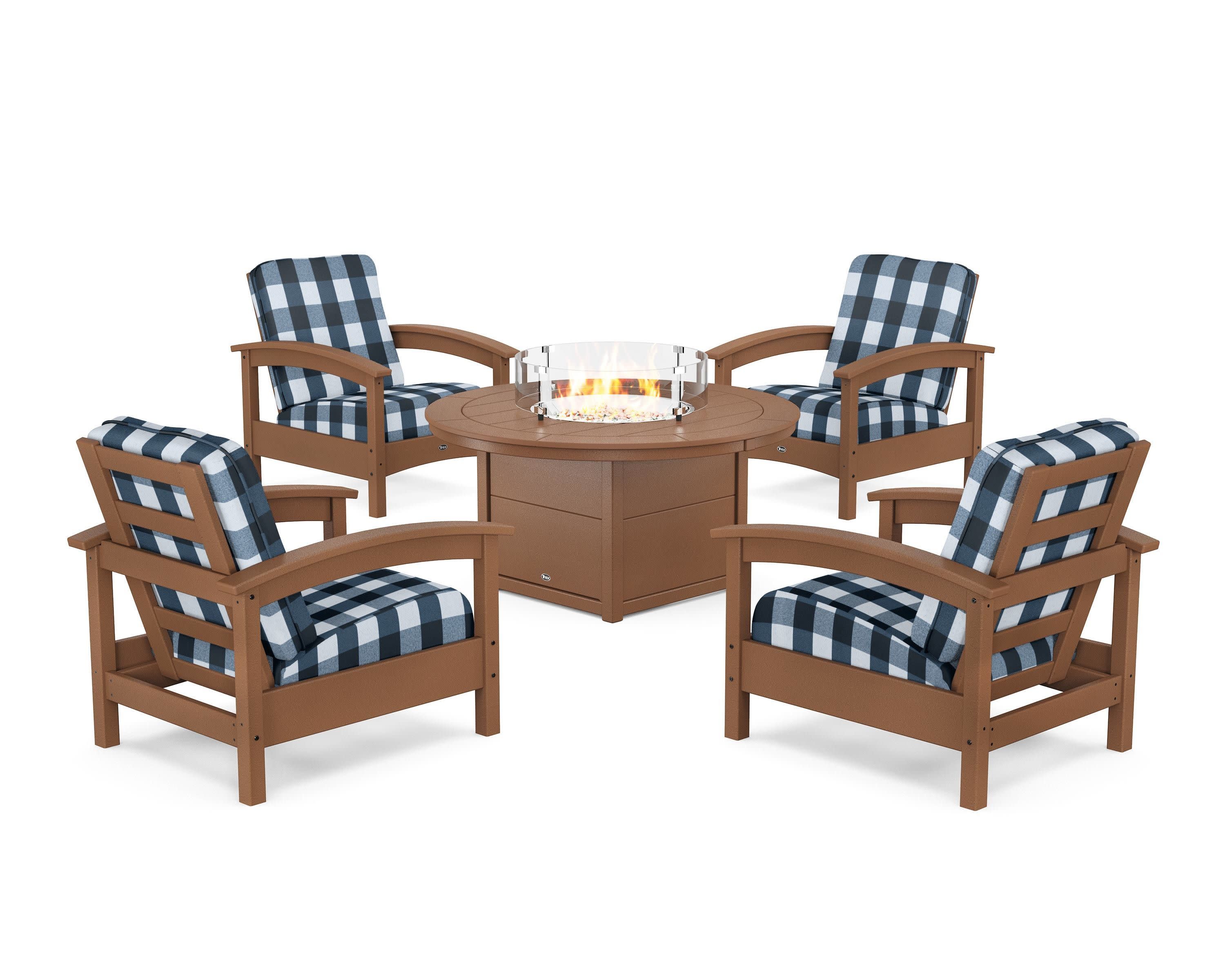 Rockport 5-Piece Deep Seating Set with Round Fire Pit Table in Tree House / Buffalo Plaid Marine Indigo