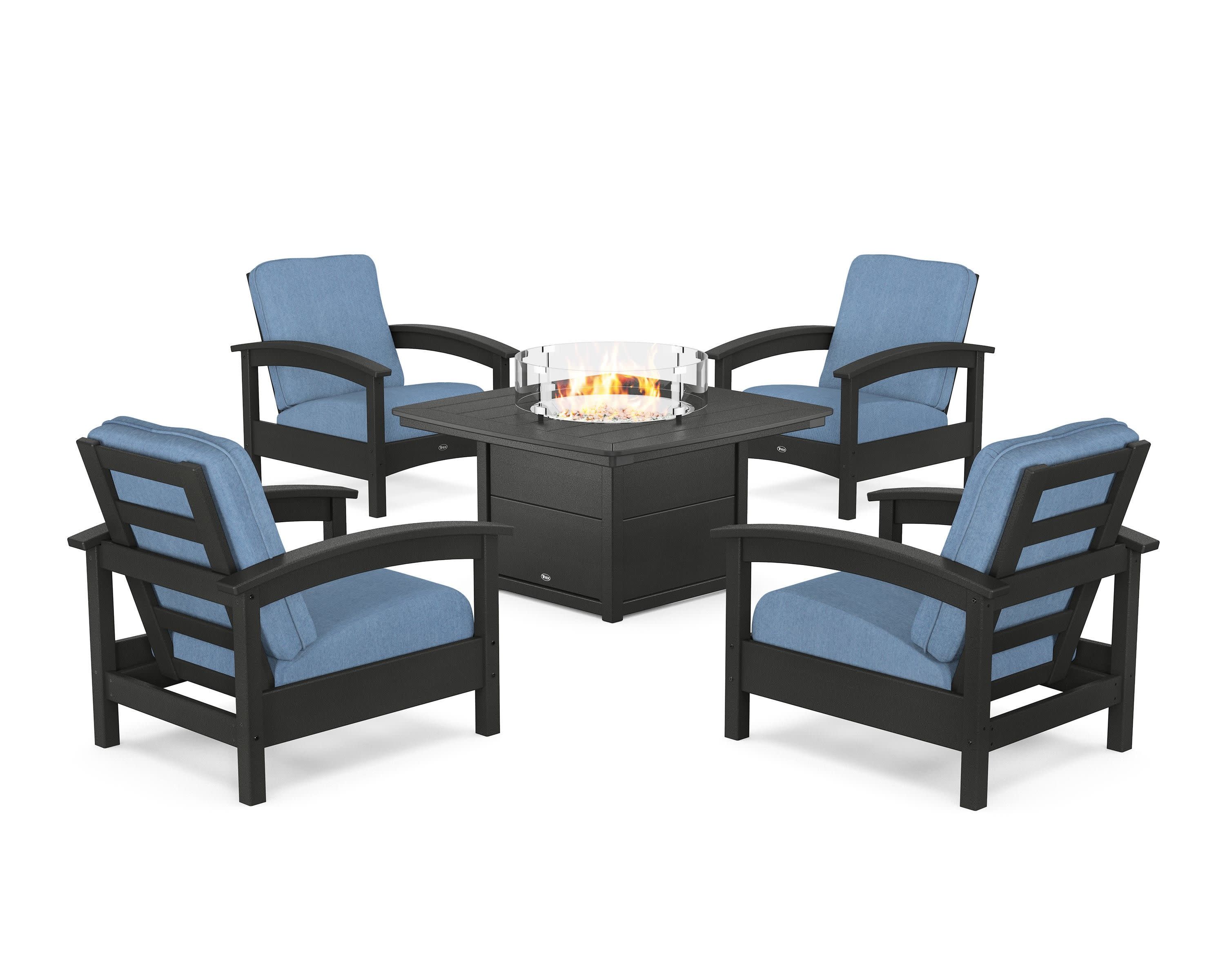 Rockport 5-Piece Deep Seating Set with Yacht Club Fire Pit Table in Charcoal Black / Sky Blue