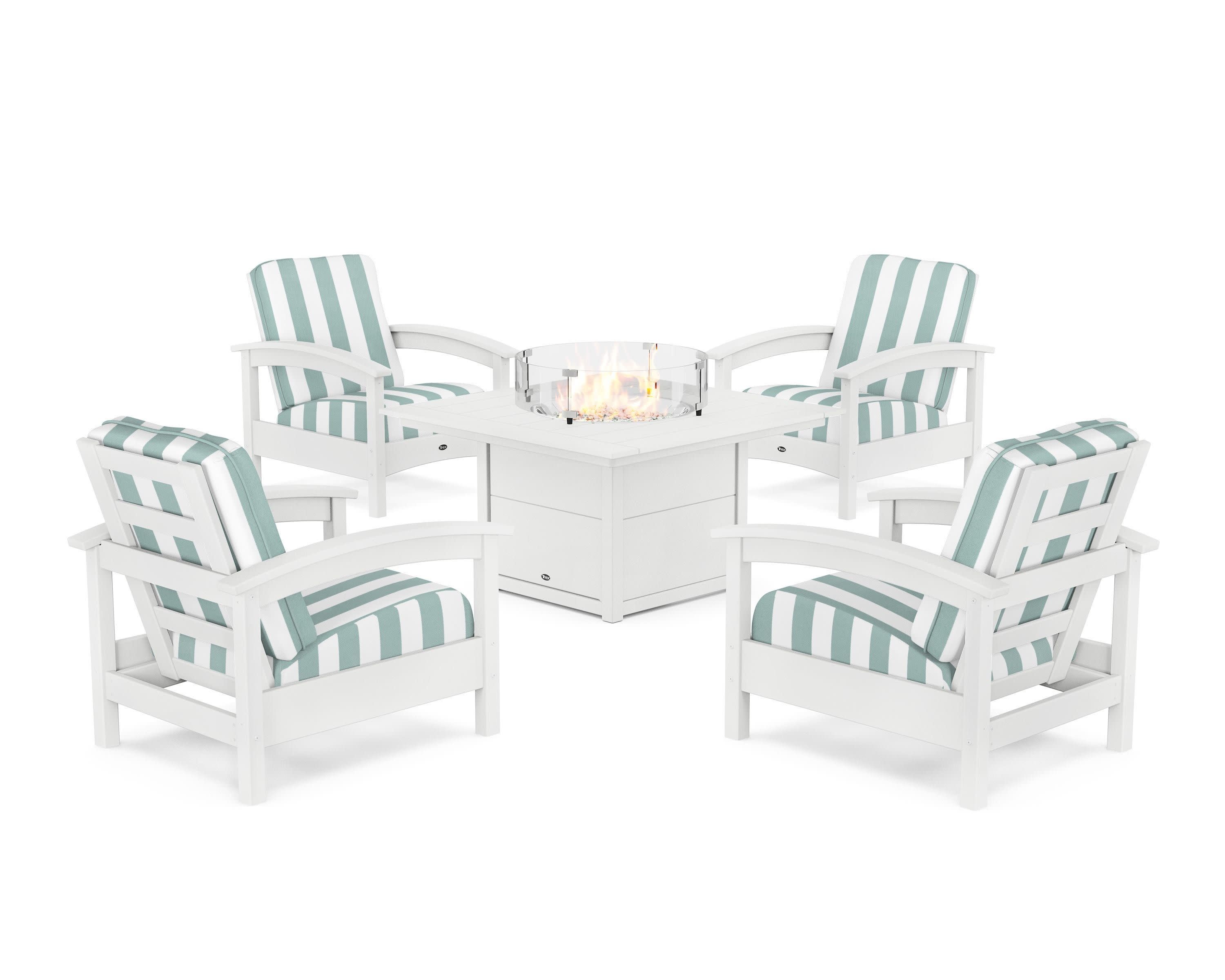 Rockport 5-Piece Deep Seating Set with Square Fire Pit Table in Classic White / Cabana Stripe Glacier Spa