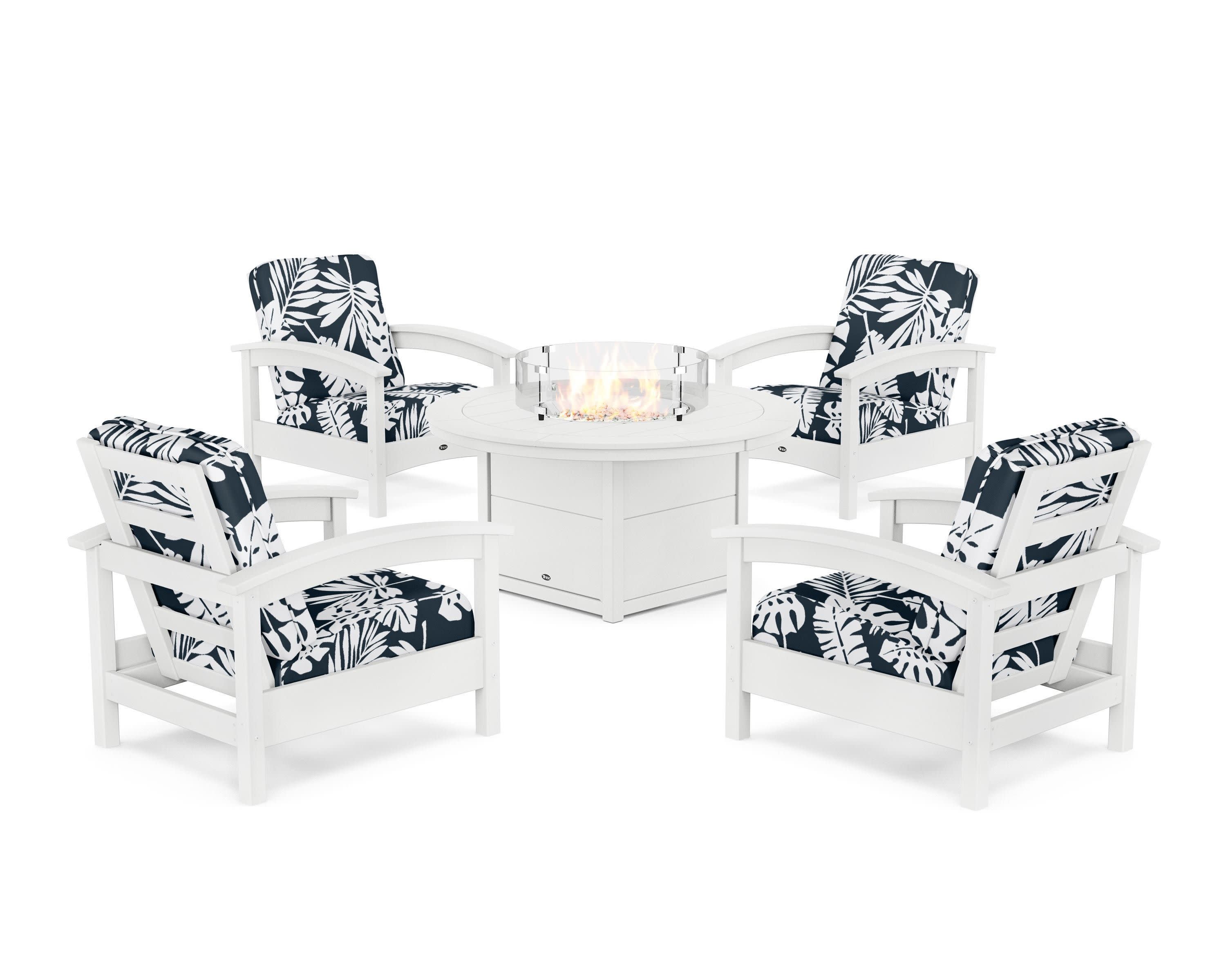Rockport 5-Piece Deep Seating Set with Round Fire Pit Table in Classic White / Leaf Marine Indigo