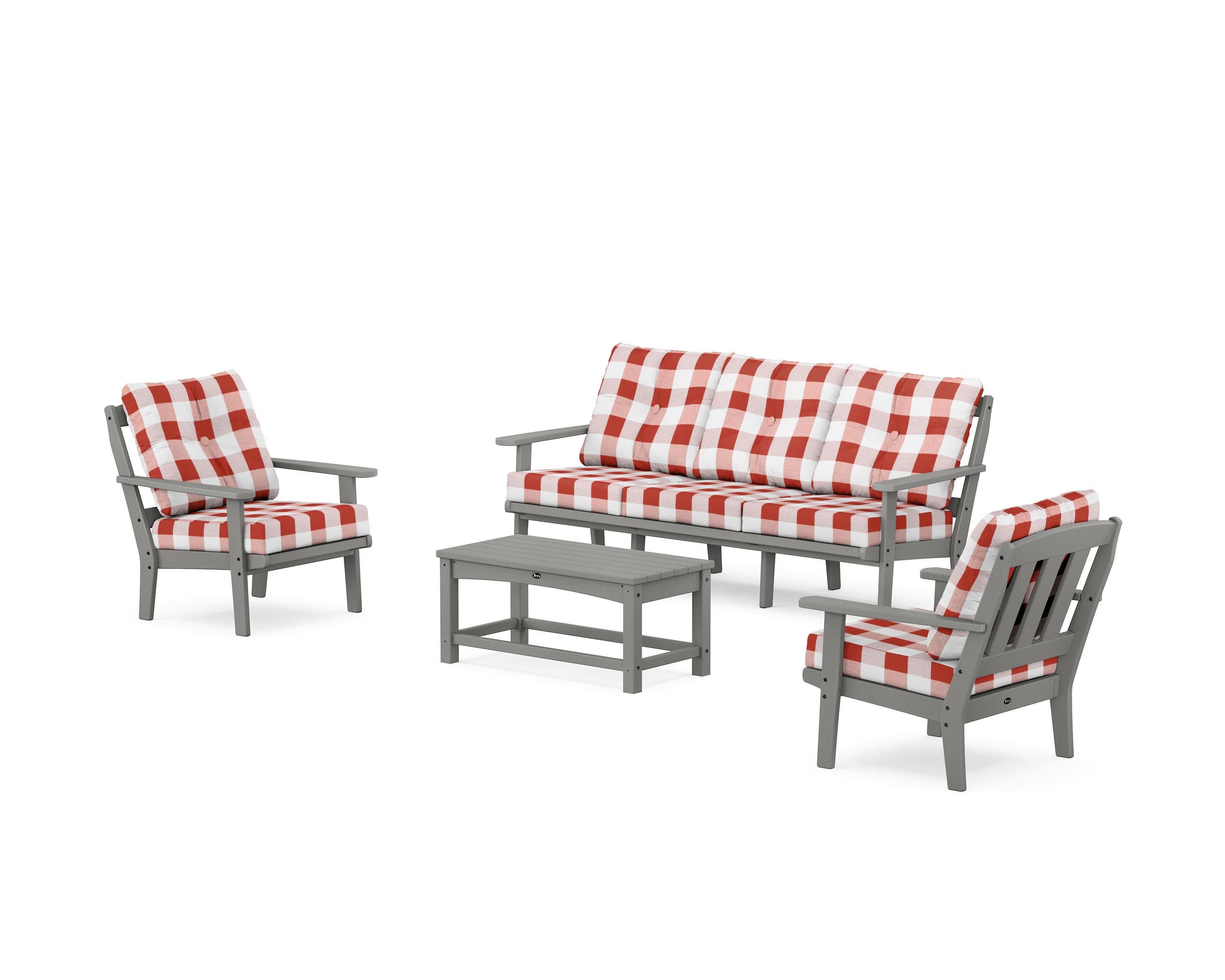Cape Cod 4-Piece Deep Seating Set with Sofa in Stepping Stone / Buffalo Plaid Crimson