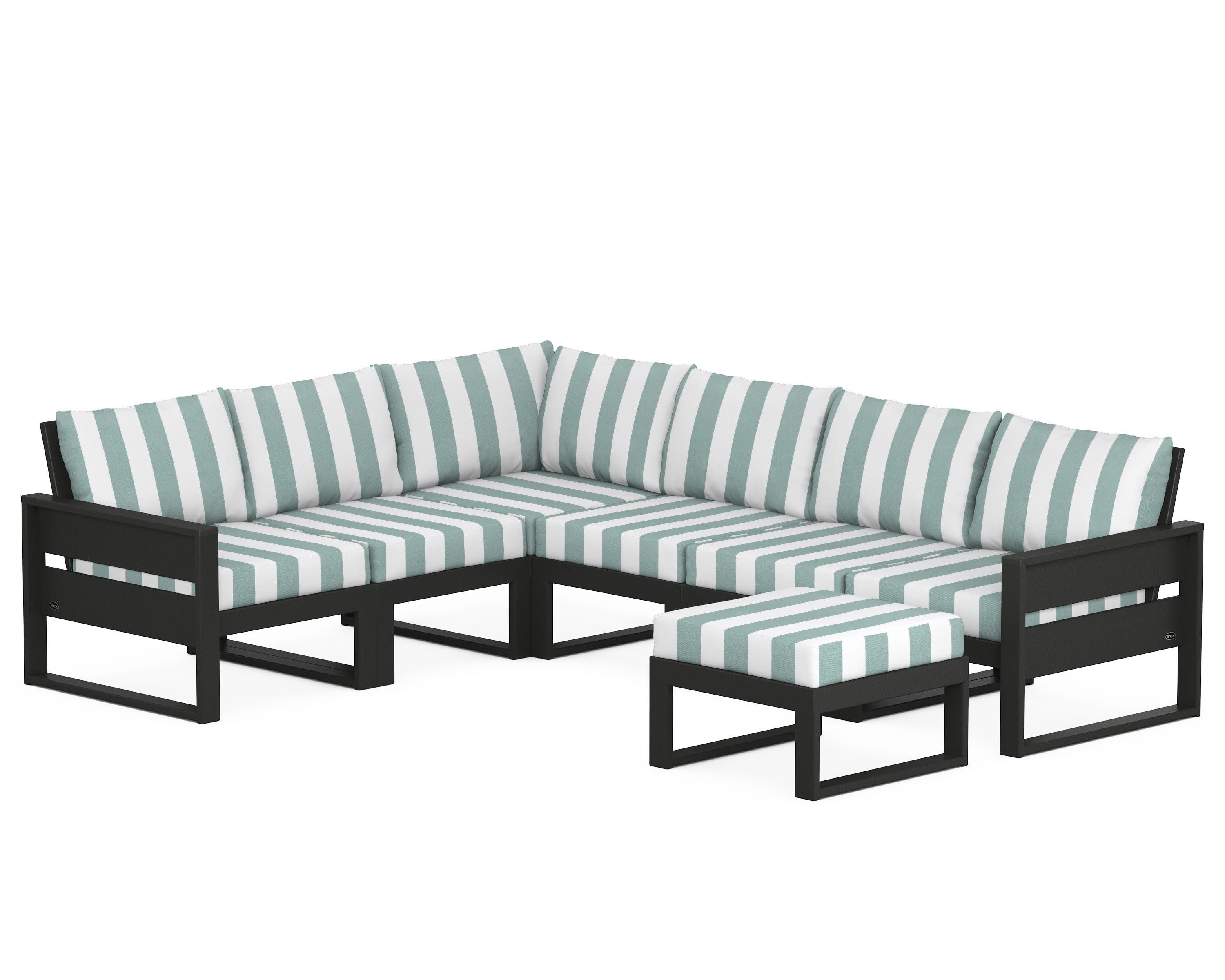 Eastport 6-Piece Sectional with Ottoman in Charcoal Black / Cabana Stripe Glacier Spa