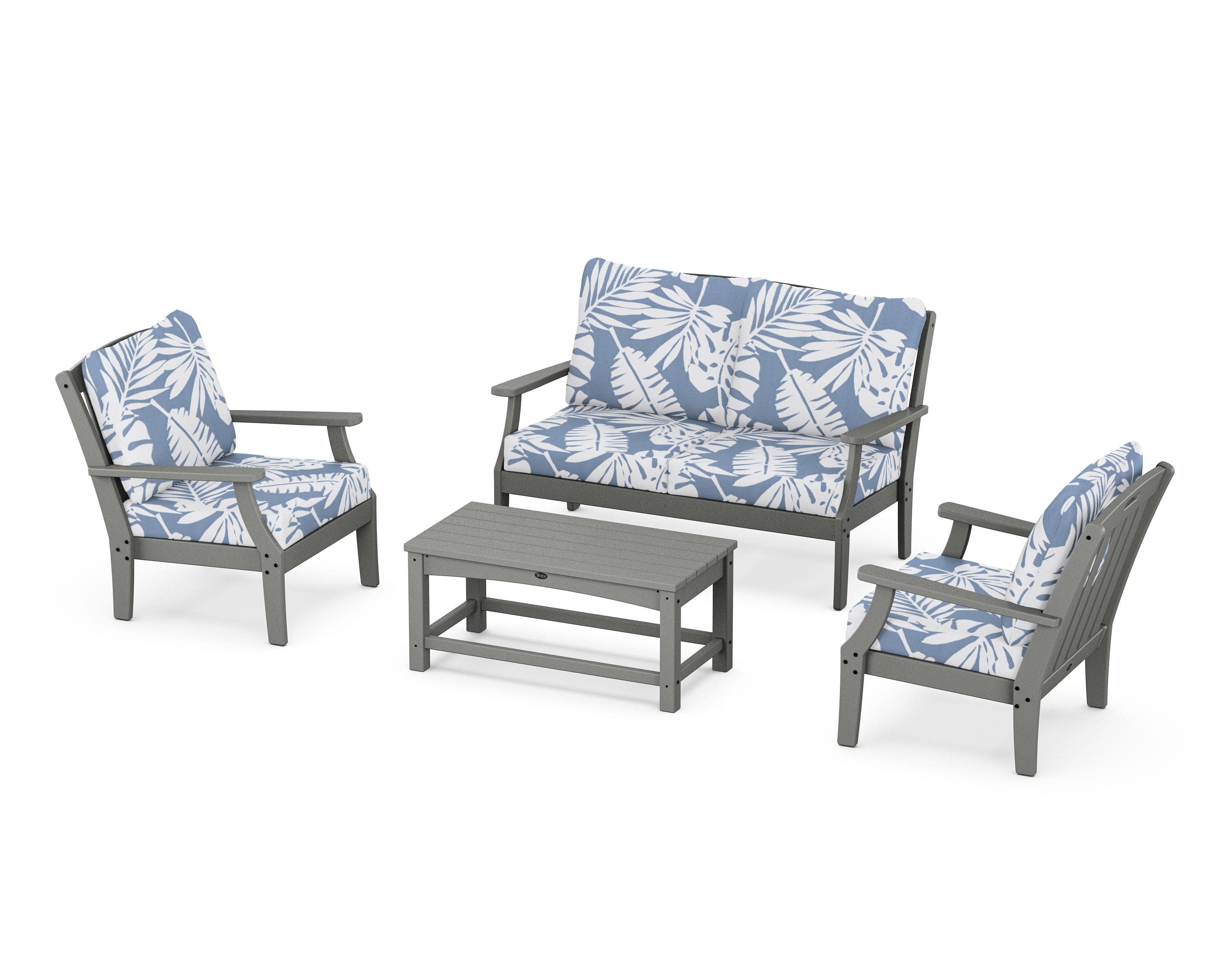 Yacht Club 4-Piece Deep Seating Chair Set in Stepping Stone / Leaf Sky Blue