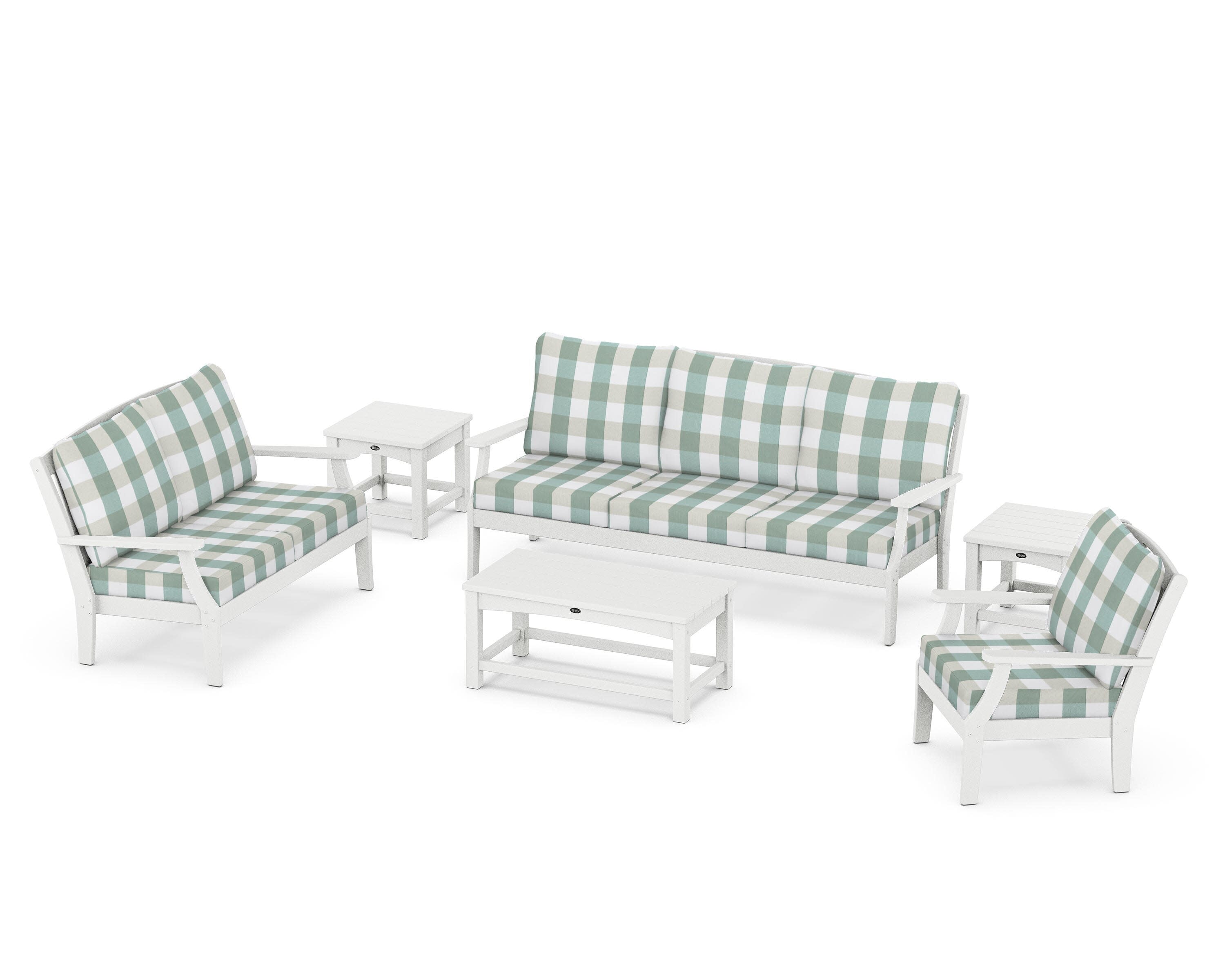 Yacht Club 6-Piece Deep Seating Set in Classic White / Buffalo Plaid Glacier Spa