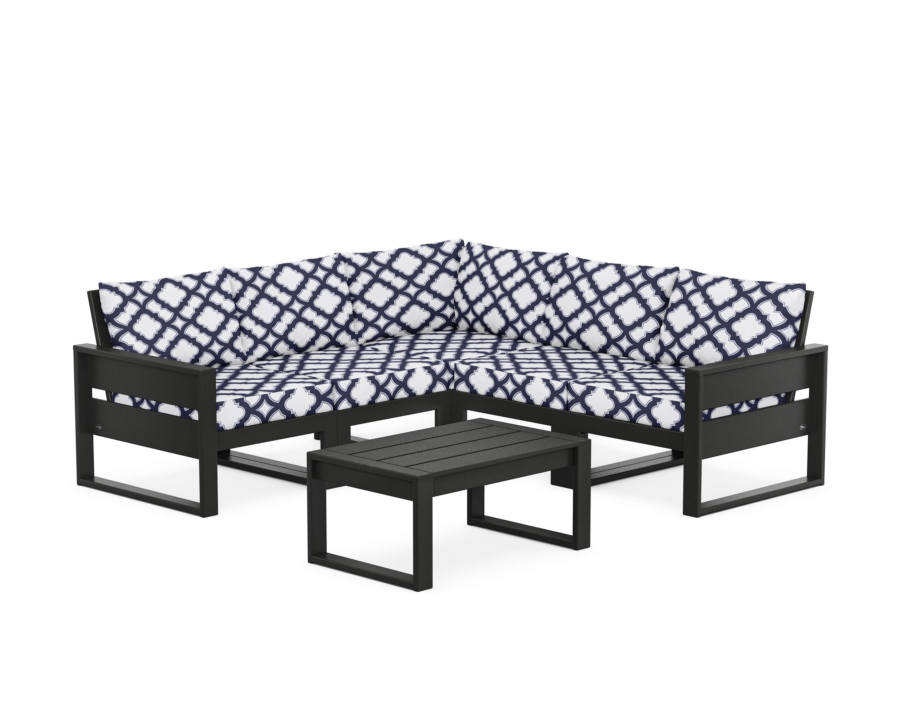 Eastport 6-Piece Deep Seating Sectional + Coffee Table Set in Charcoal Black / Trellis Navy