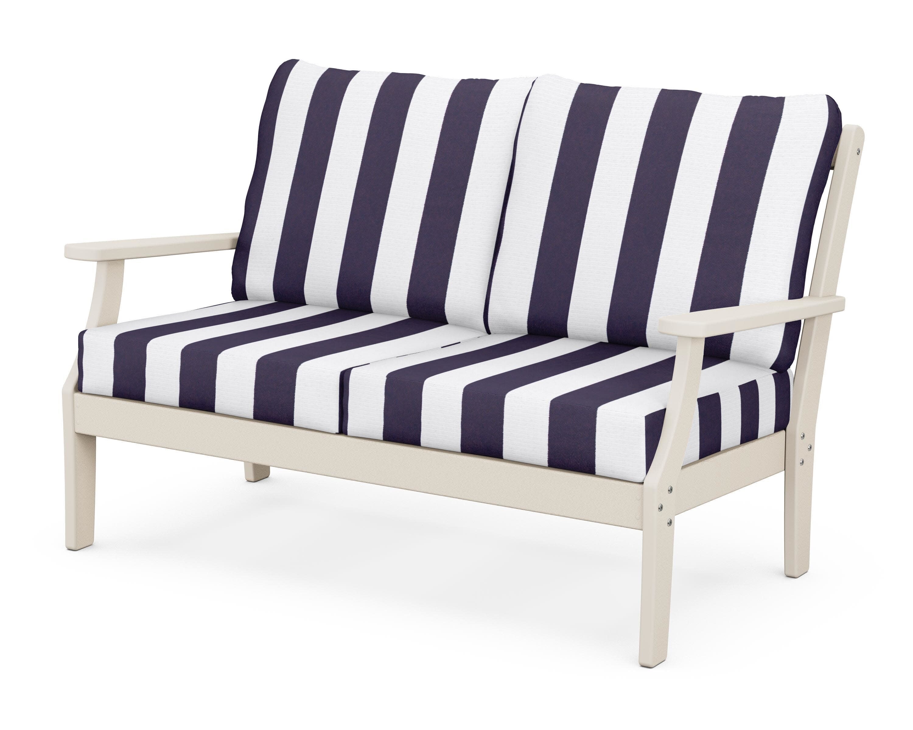 Yacht Club Deep Seating Loveseat in Sand Castle / Cabana Stripe Navy