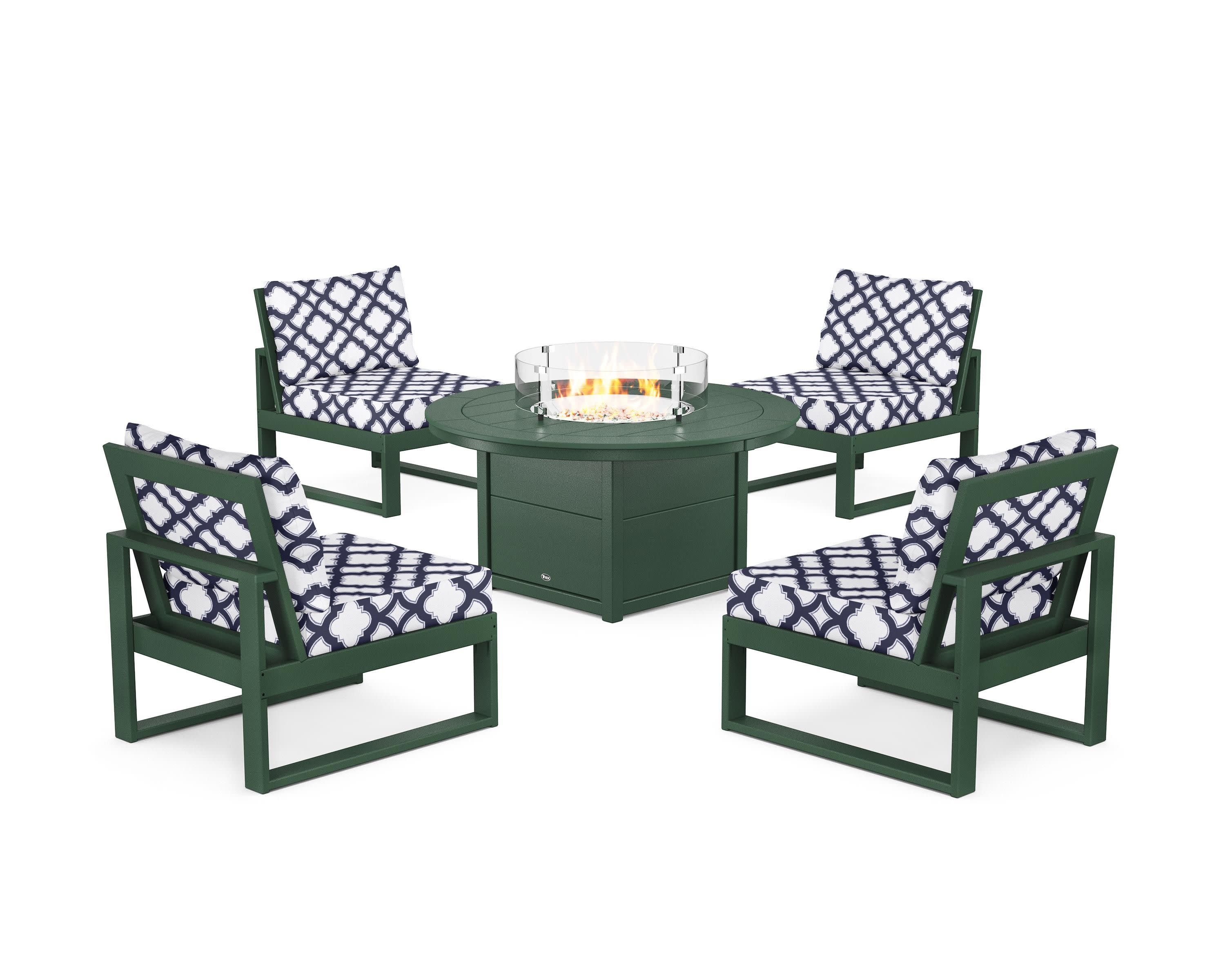Eastport Modular 5-Piece Deep Seating Set with Round Fire Pit Table in Rainforest Canopy / Trellis Navy