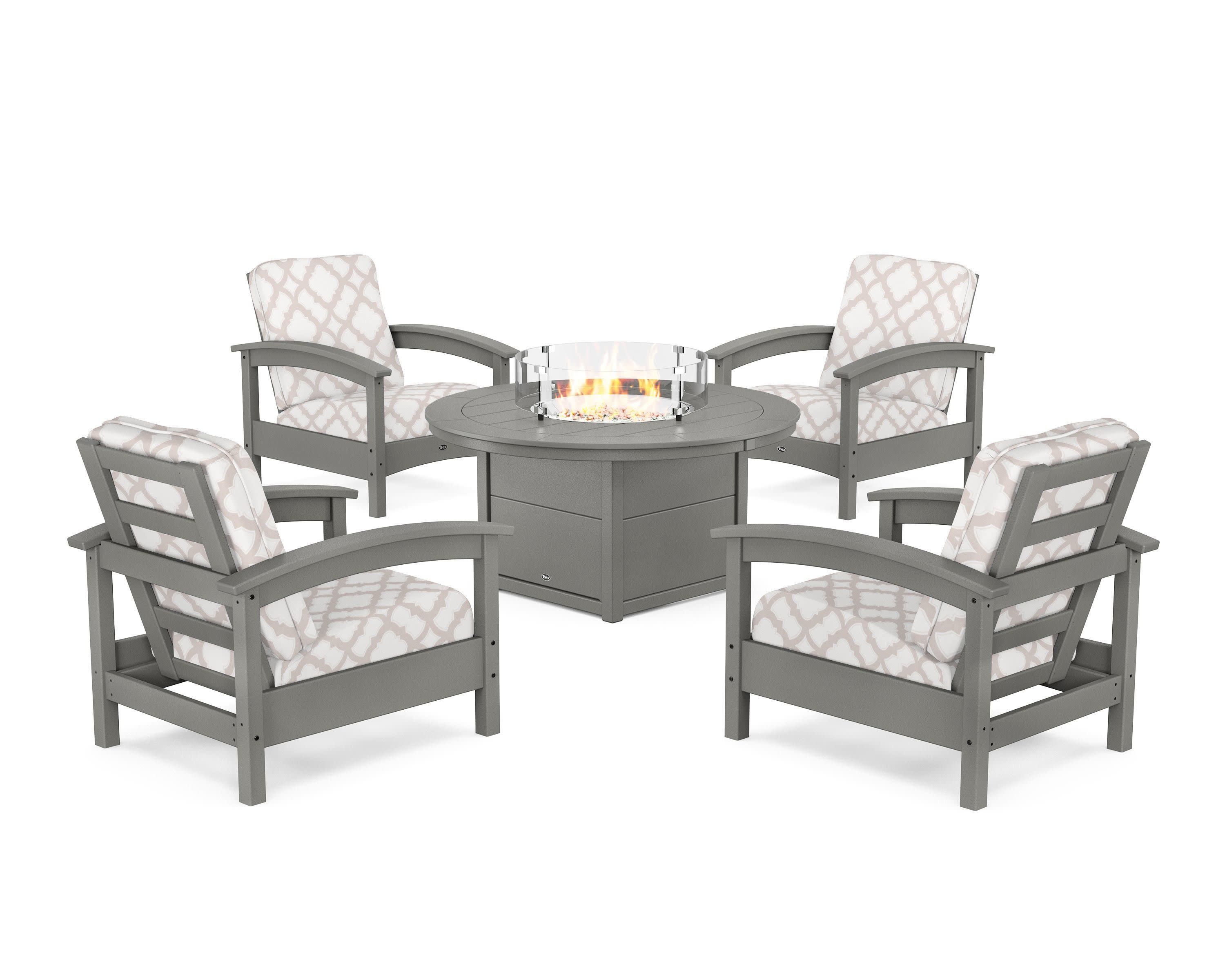 Rockport 5-Piece Deep Seating Set with Round Fire Pit Table in Stepping Stone / Trellis Dune Burlap