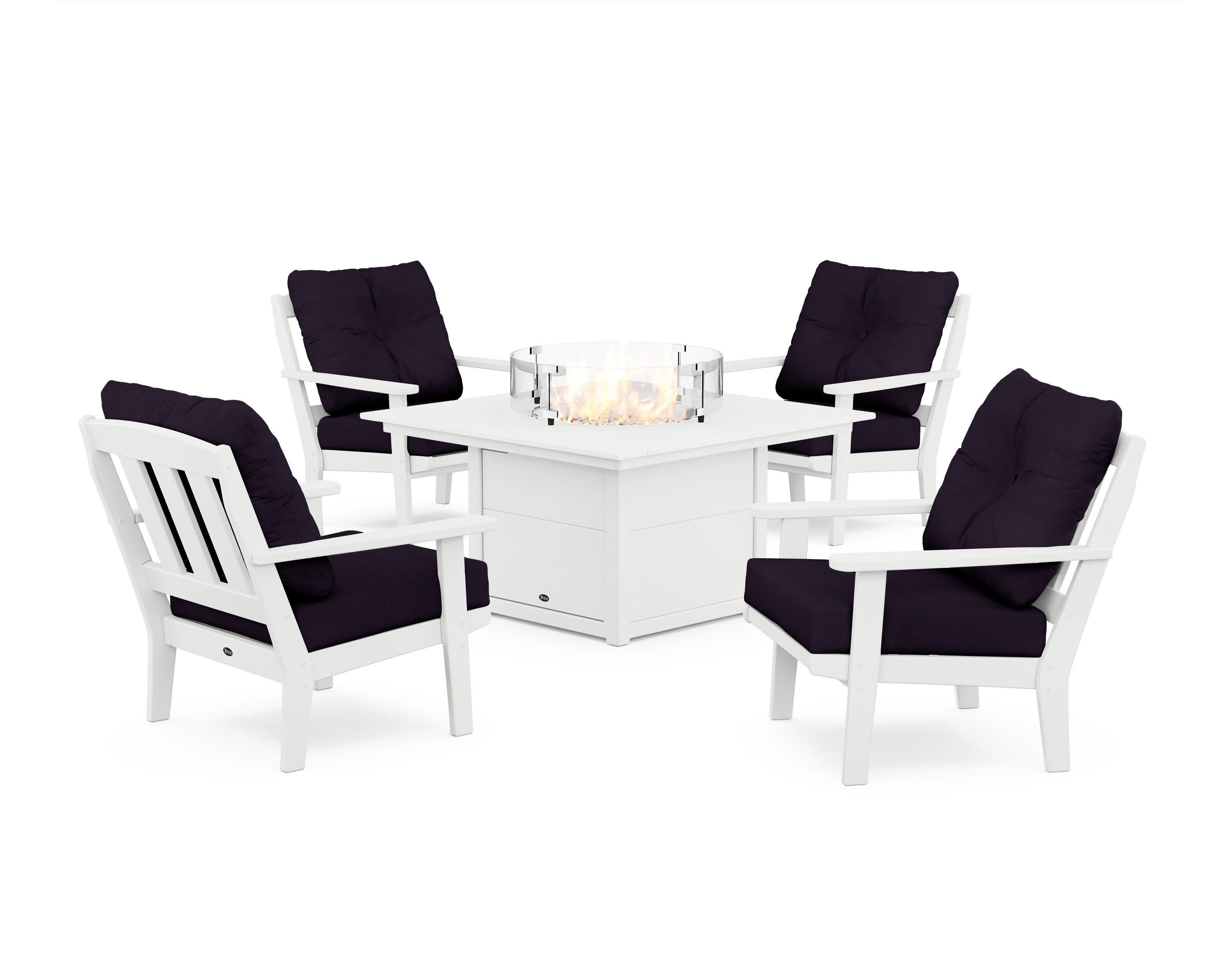 Cape Cod 5-Piece Deep Seating Set with Fire Pit Table in Classic White / Navy Linen