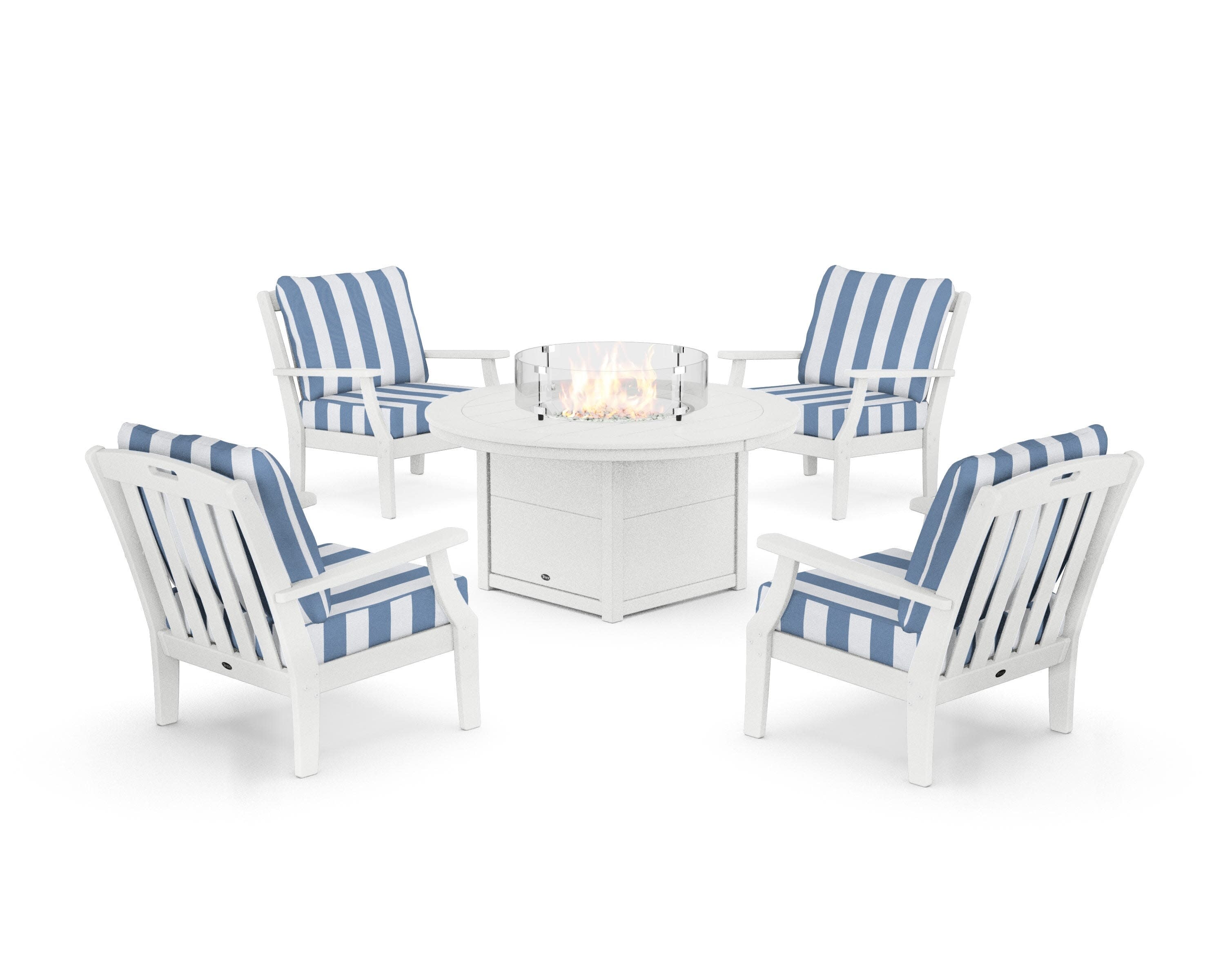 Yacht Club 5-Piece Deep Seating Set with Round Fire Pit Table in Classic White / Cabana Stripe Sky Blue