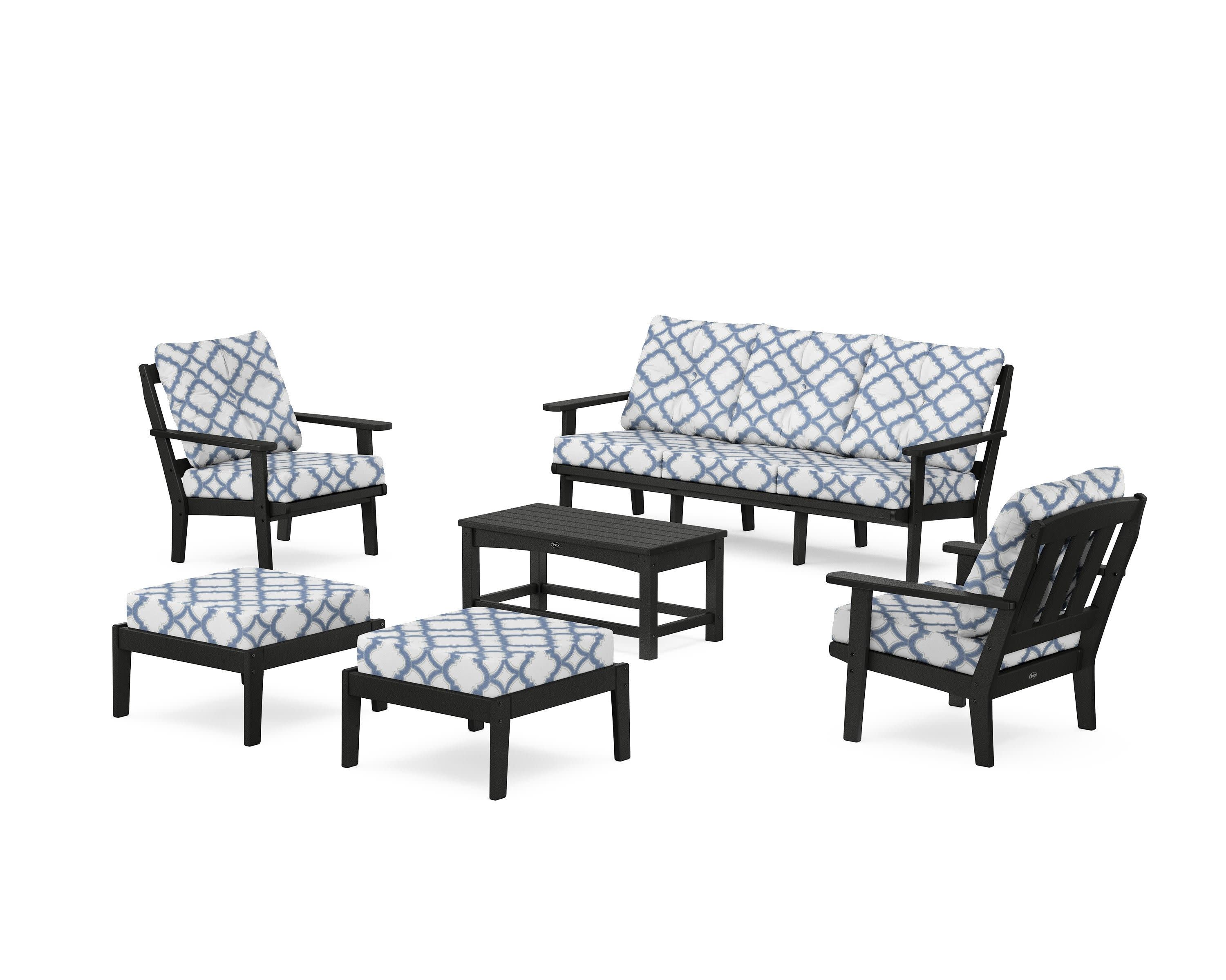 Cape Cod 6-Piece Lounge Sofa Set in Charcoal Black / Trellis Sky Blue
