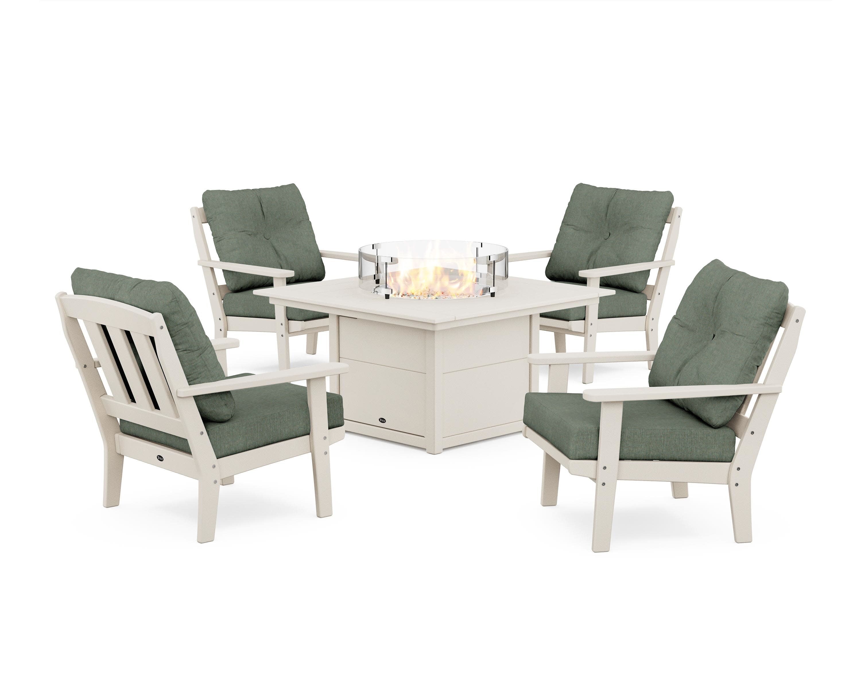 Cape Cod 5-Piece Deep Seating Set with Fire Pit Table in Sand Castle / Cast Sage