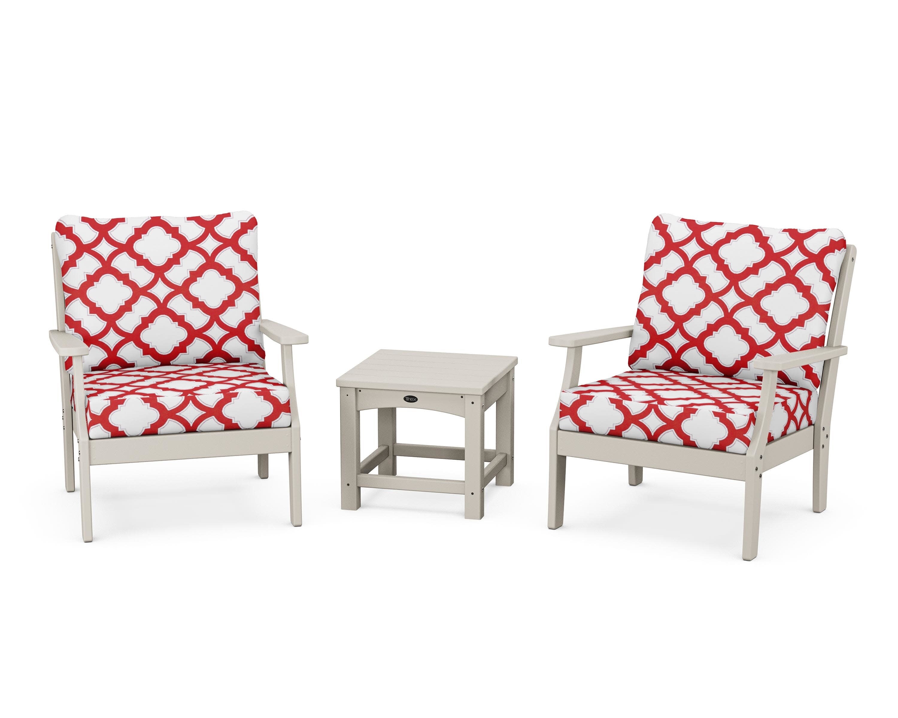 Yacht Club 3-Piece Deep Seating Set in Sand Castle / Trellis Crimson