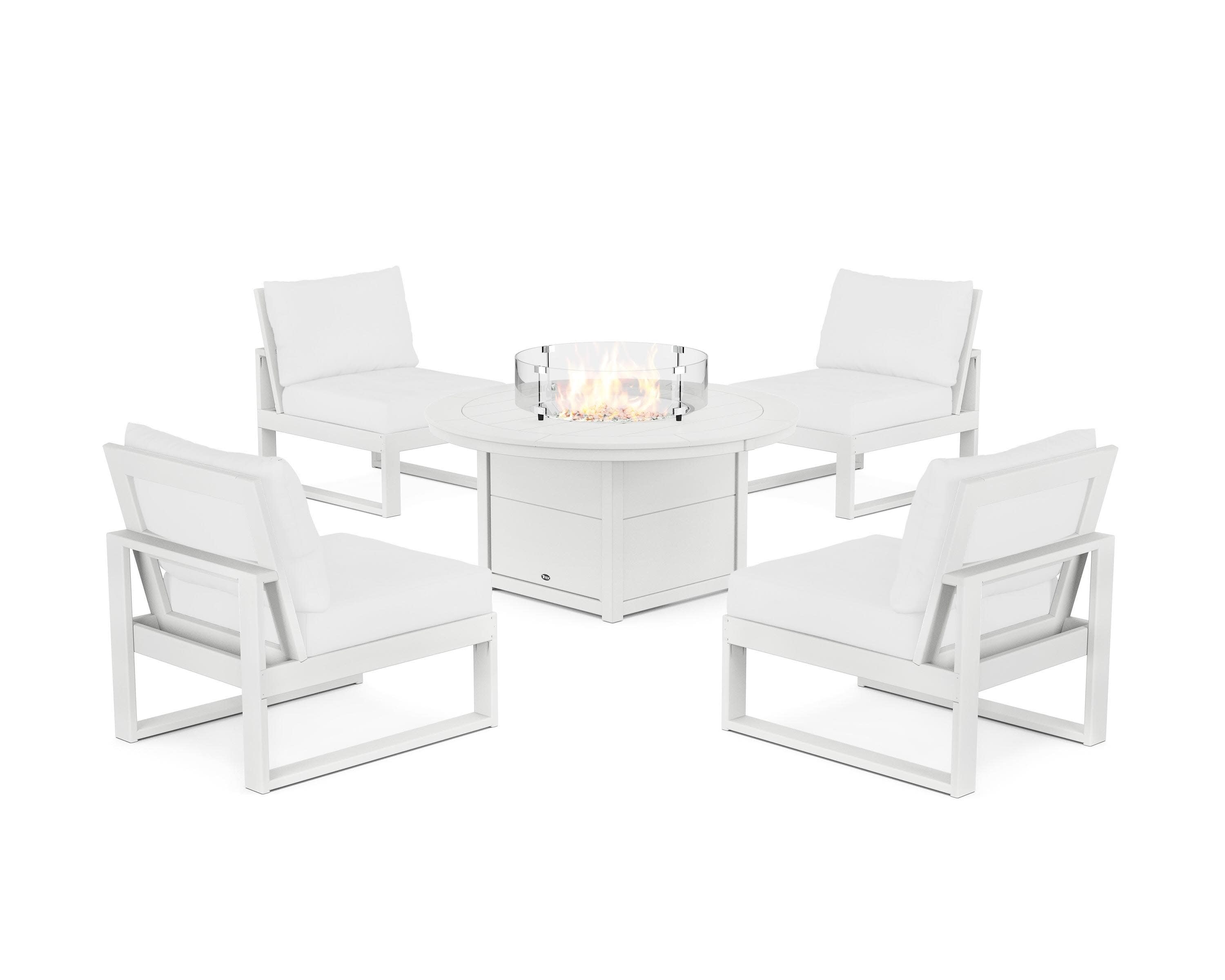 Eastport Modular 5-Piece Deep Seating Set with Round Fire Pit Table in Classic White / Natural