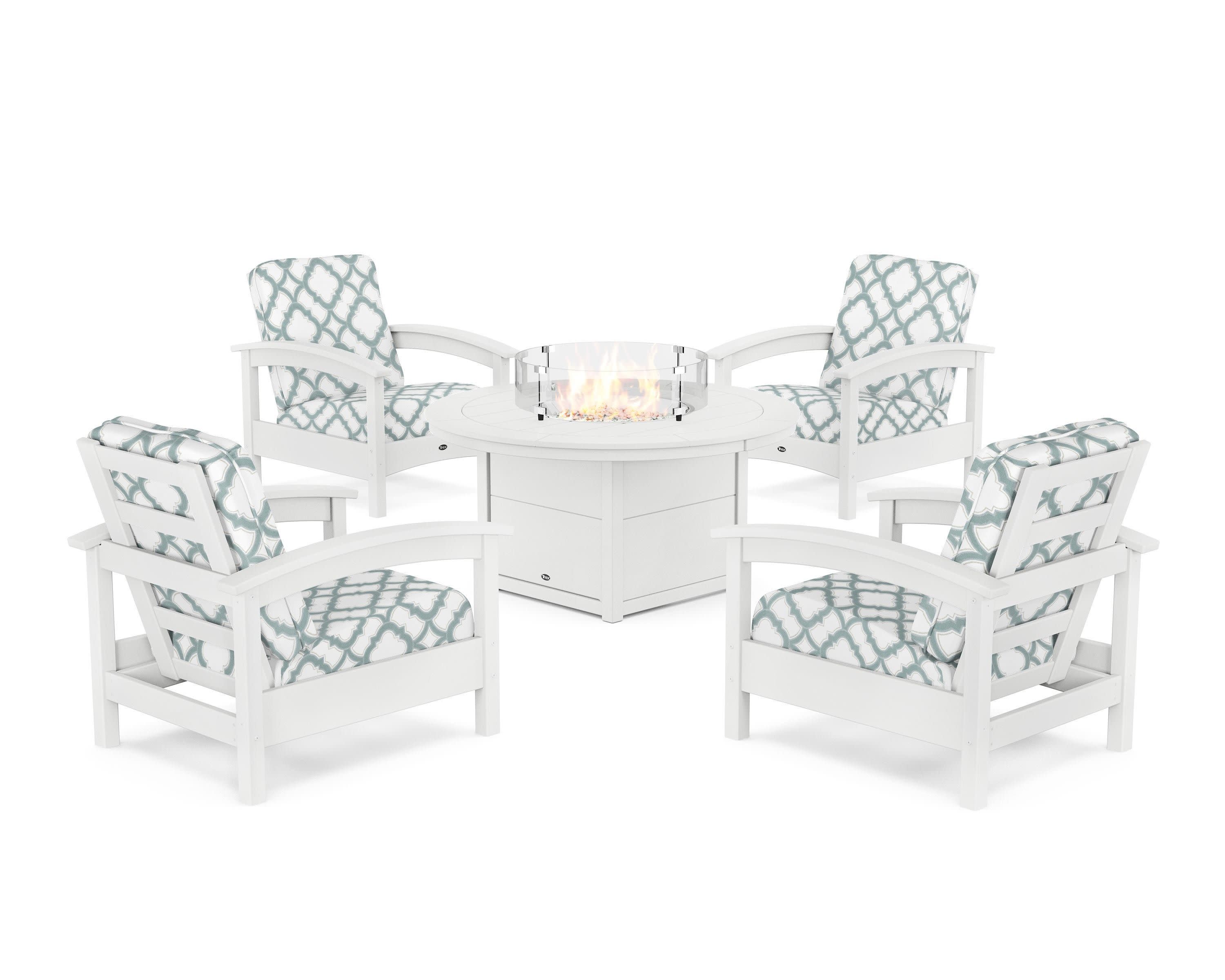 Rockport 5-Piece Deep Seating Set with Round Fire Pit Table in Classic White / Trellis Glacier Spa