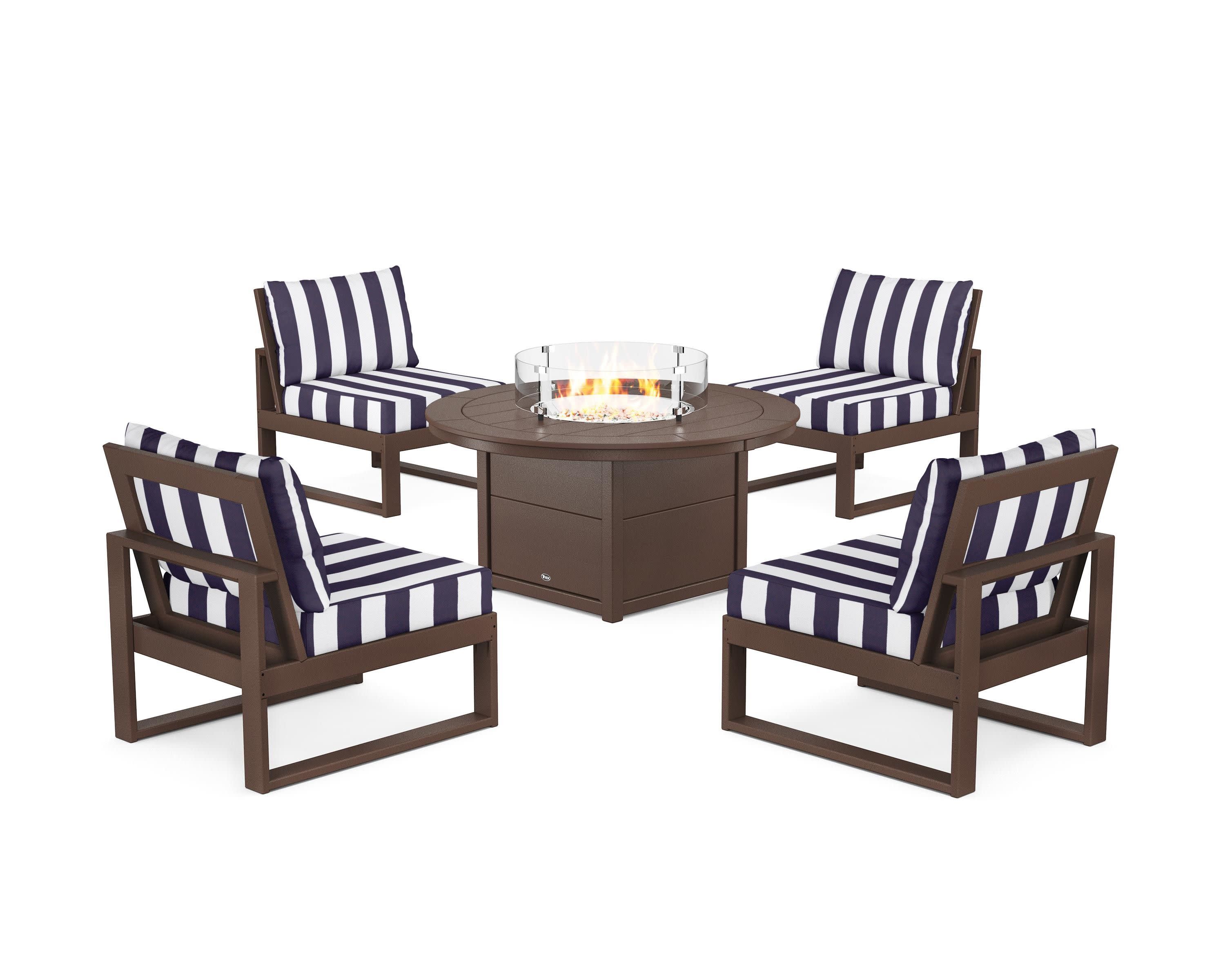 Eastport Modular 5-Piece Deep Seating Set with Round Fire Pit Table in Vintage Lantern / Cabana Stripe Navy
