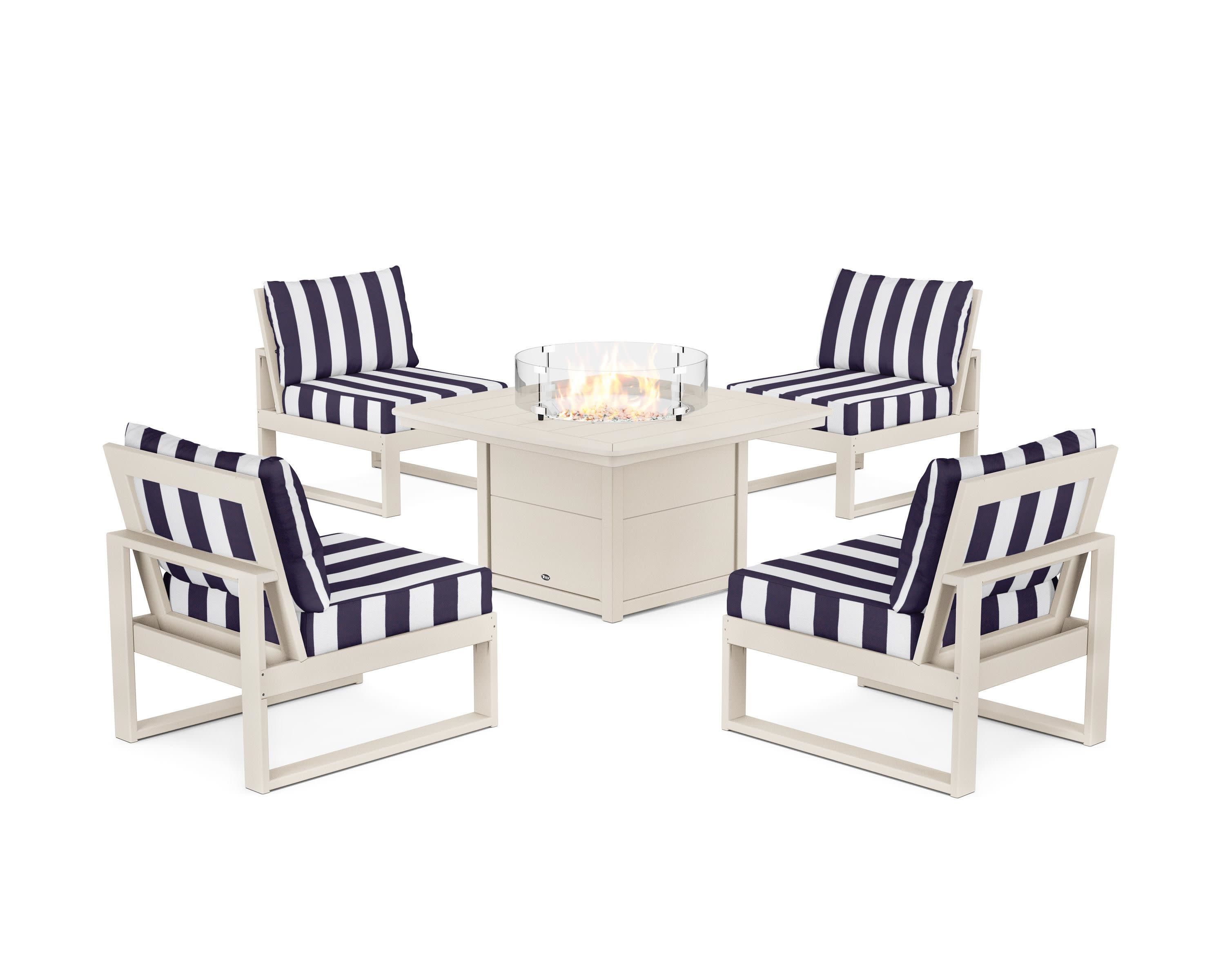 Eastport Modular 5-Piece Deep Seating Set with Yacht Club Fire Pit Table in Sand Castle / Cabana Stripe Navy