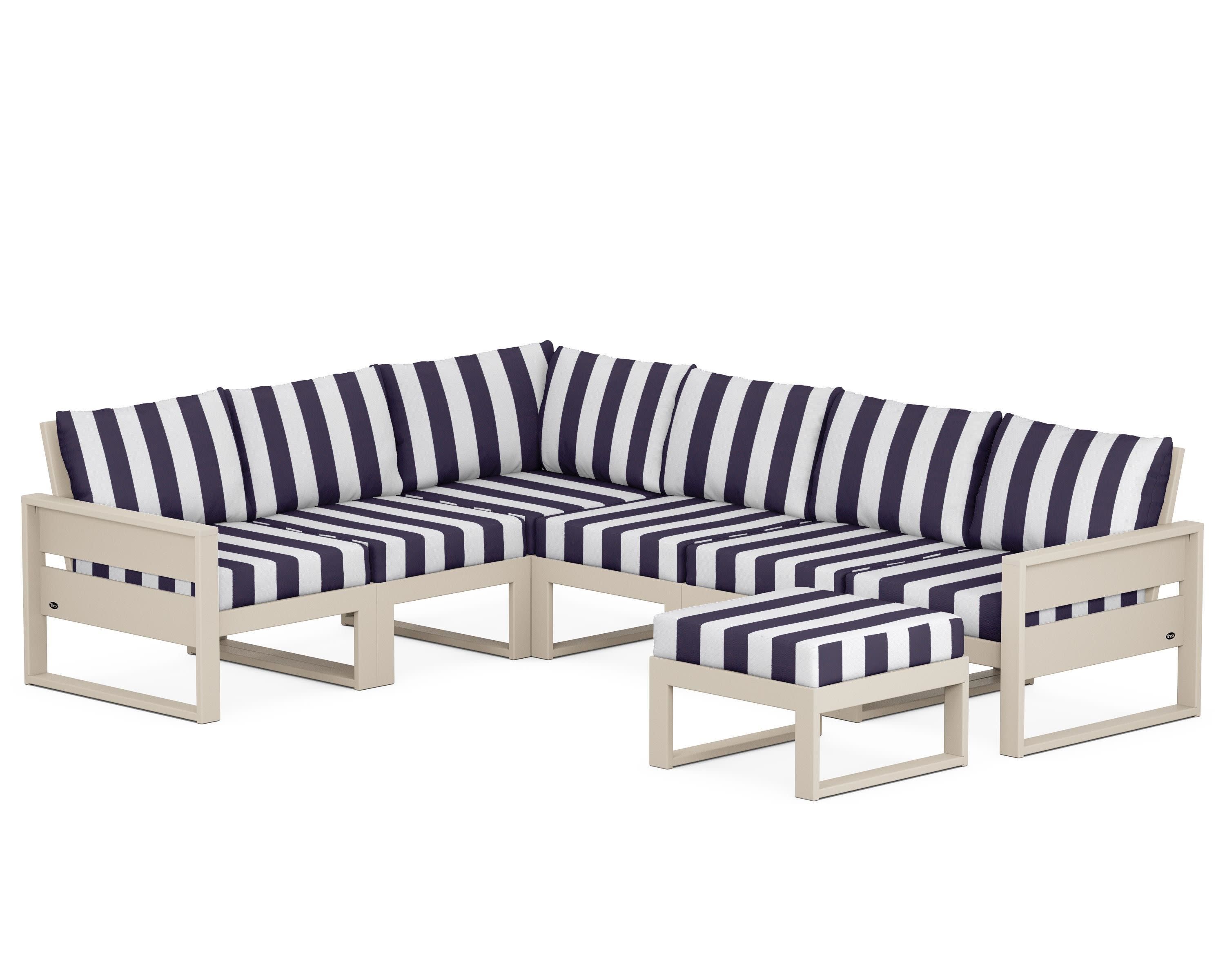 Eastport 6-Piece Sectional with Ottoman in Sand Castle / Cabana Stripe Navy