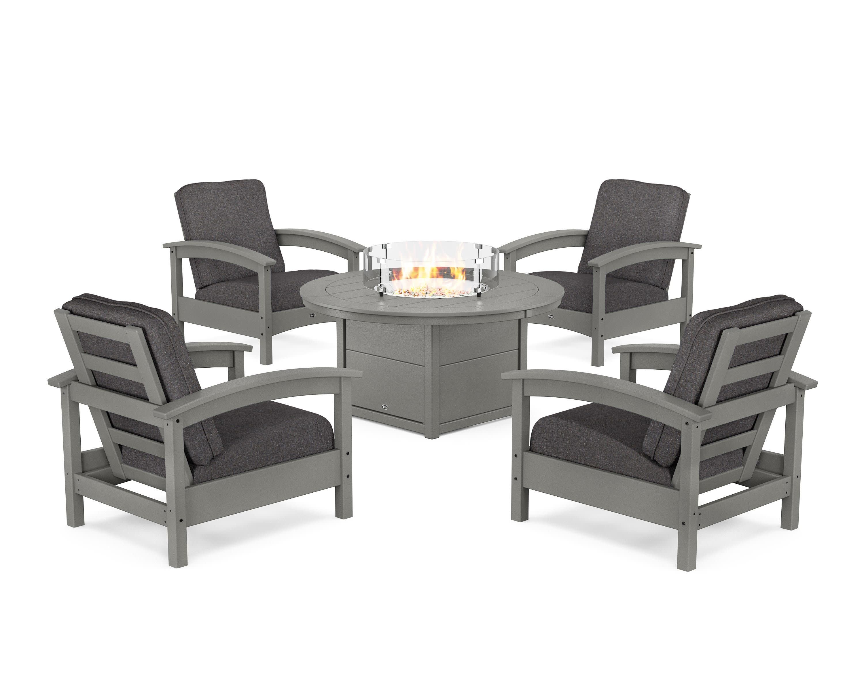 Rockport 5-Piece Deep Seating Set with Round Fire Pit Table in Stepping Stone / Ash Charcoal