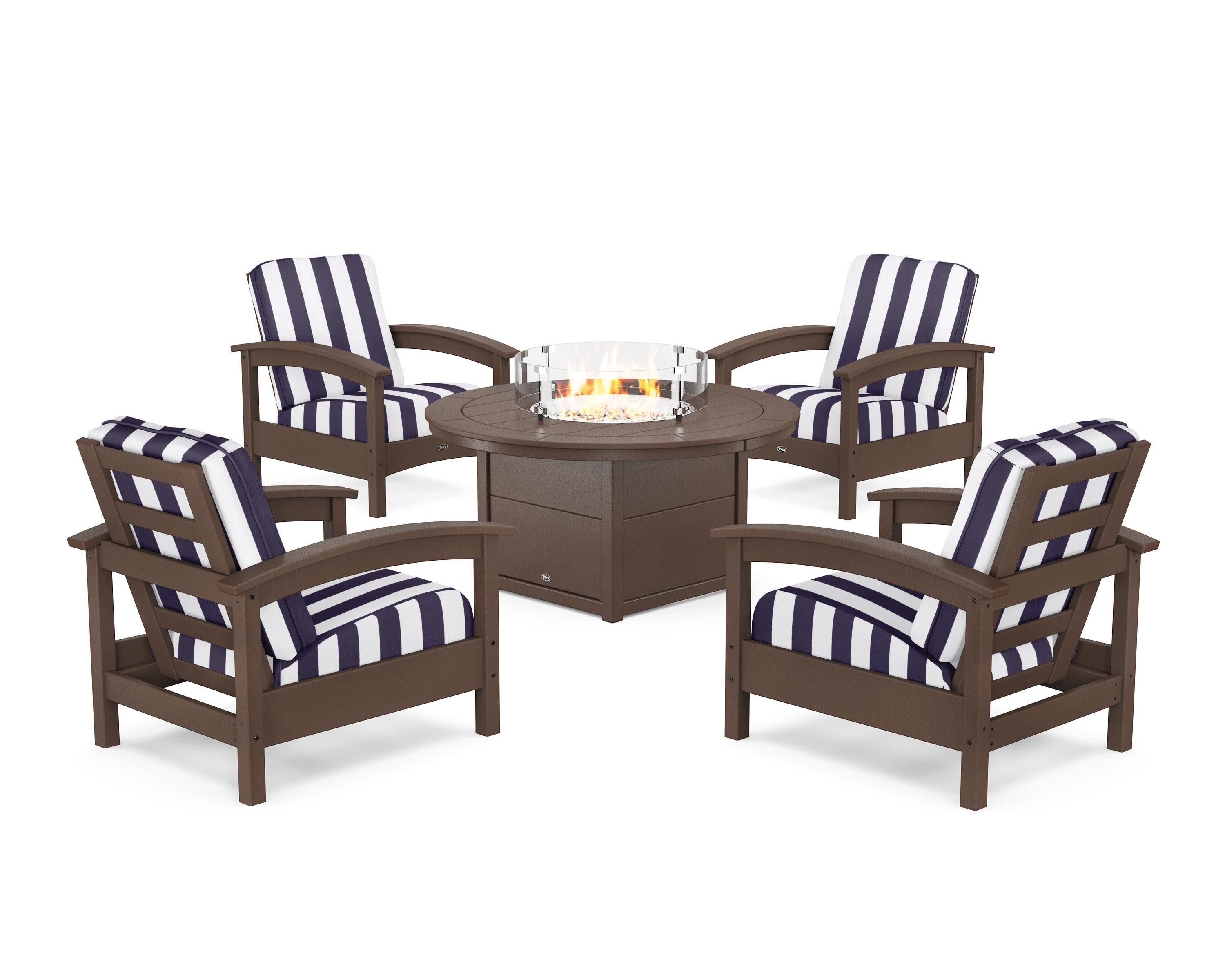 Rockport 5-Piece Deep Seating Set with Round Fire Pit Table in Vintage Lantern / Cabana Stripe Navy