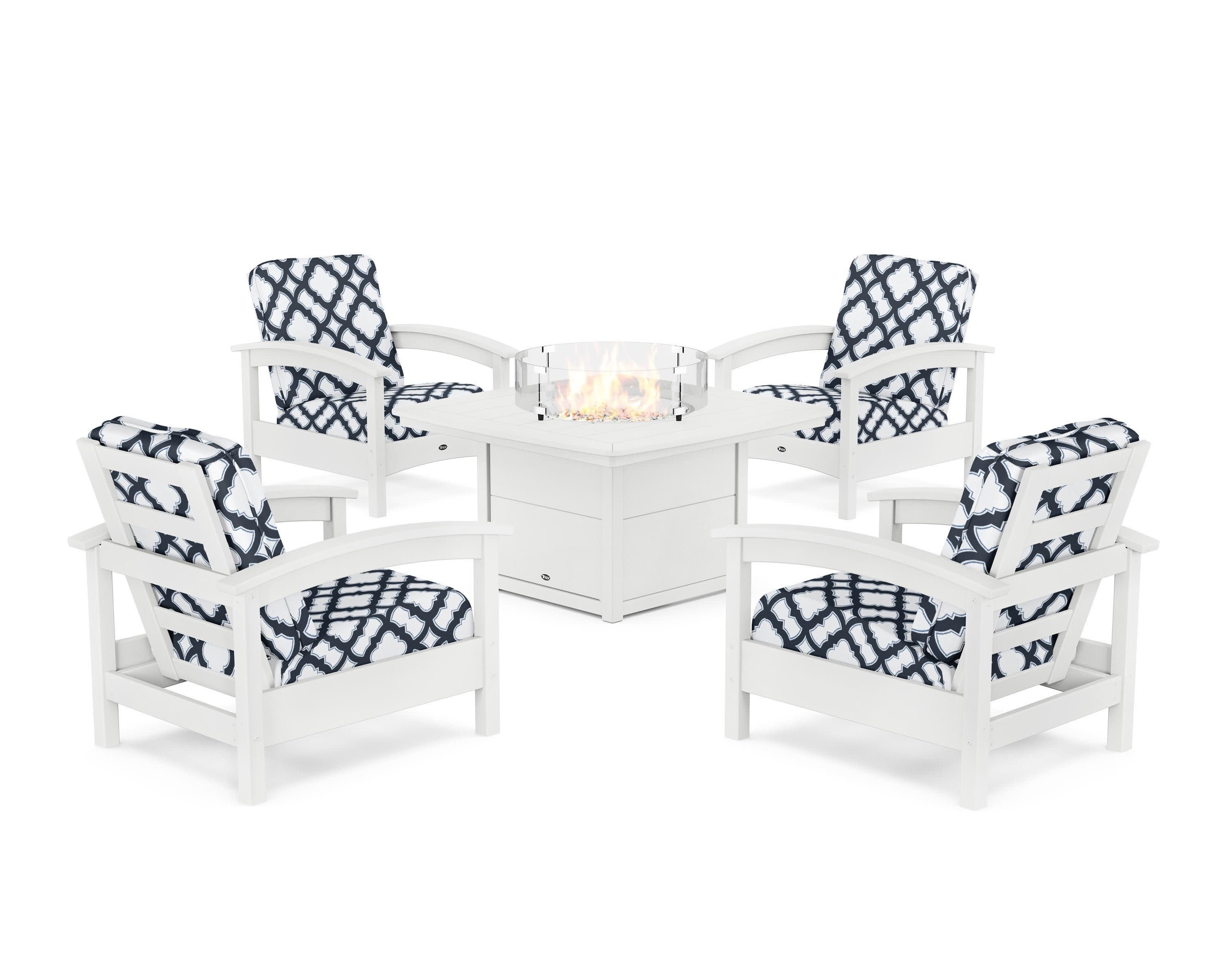 Rockport 5-Piece Deep Seating Set with Yacht Club Fire Pit Table in Classic White / Trellis Marine Indigo