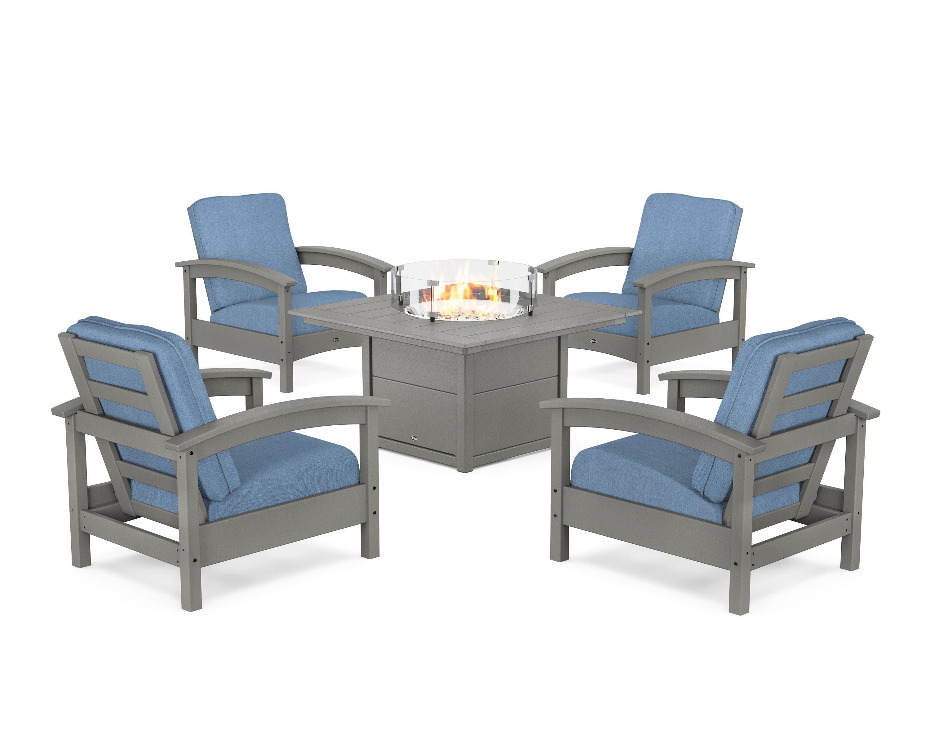 Rockport 5-Piece Deep Seating Set with Square Fire Pit Table in Stepping Stone / Sky Blue