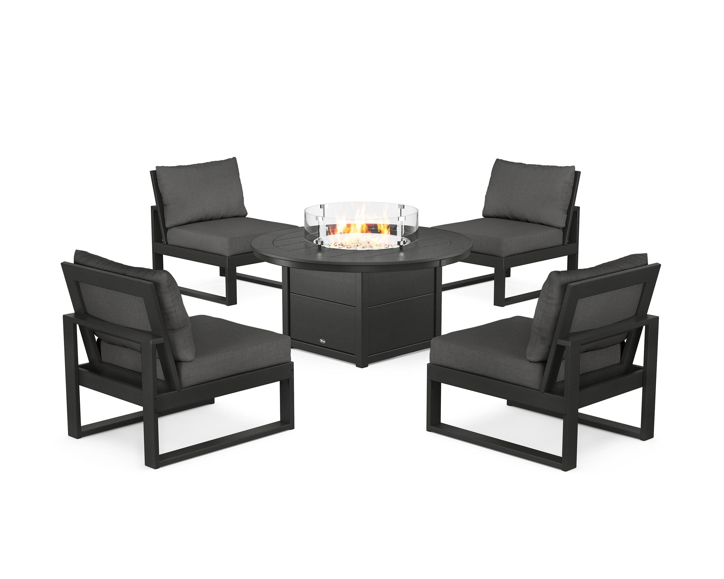Eastport Modular 5-Piece Deep Seating Set with Round Fire Pit Table in Charcoal Black / Spectrum Carbon