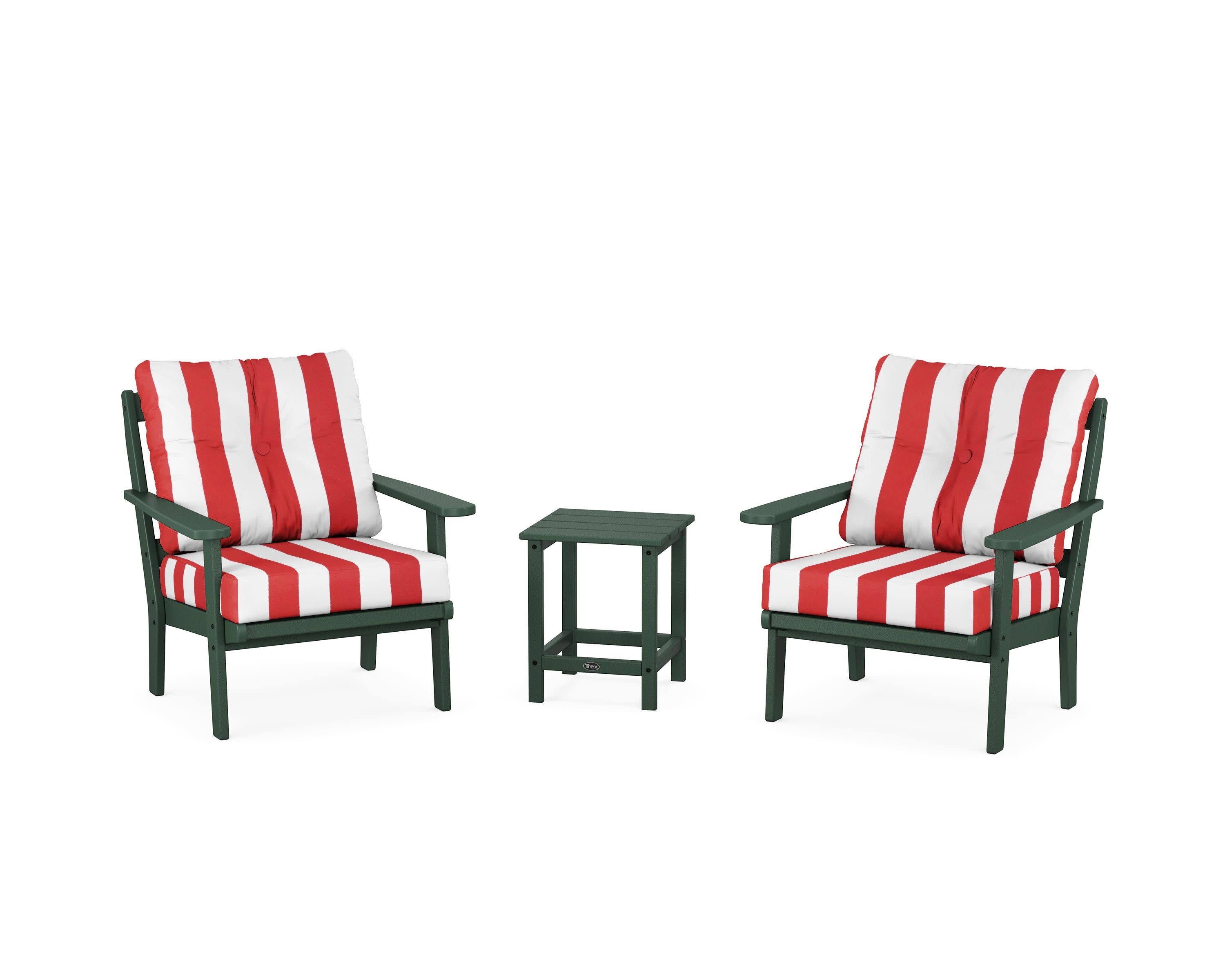 Cape Cod 3-Piece Deep Seating Set in Rainforest Canopy / Cabana Stripe Crimson