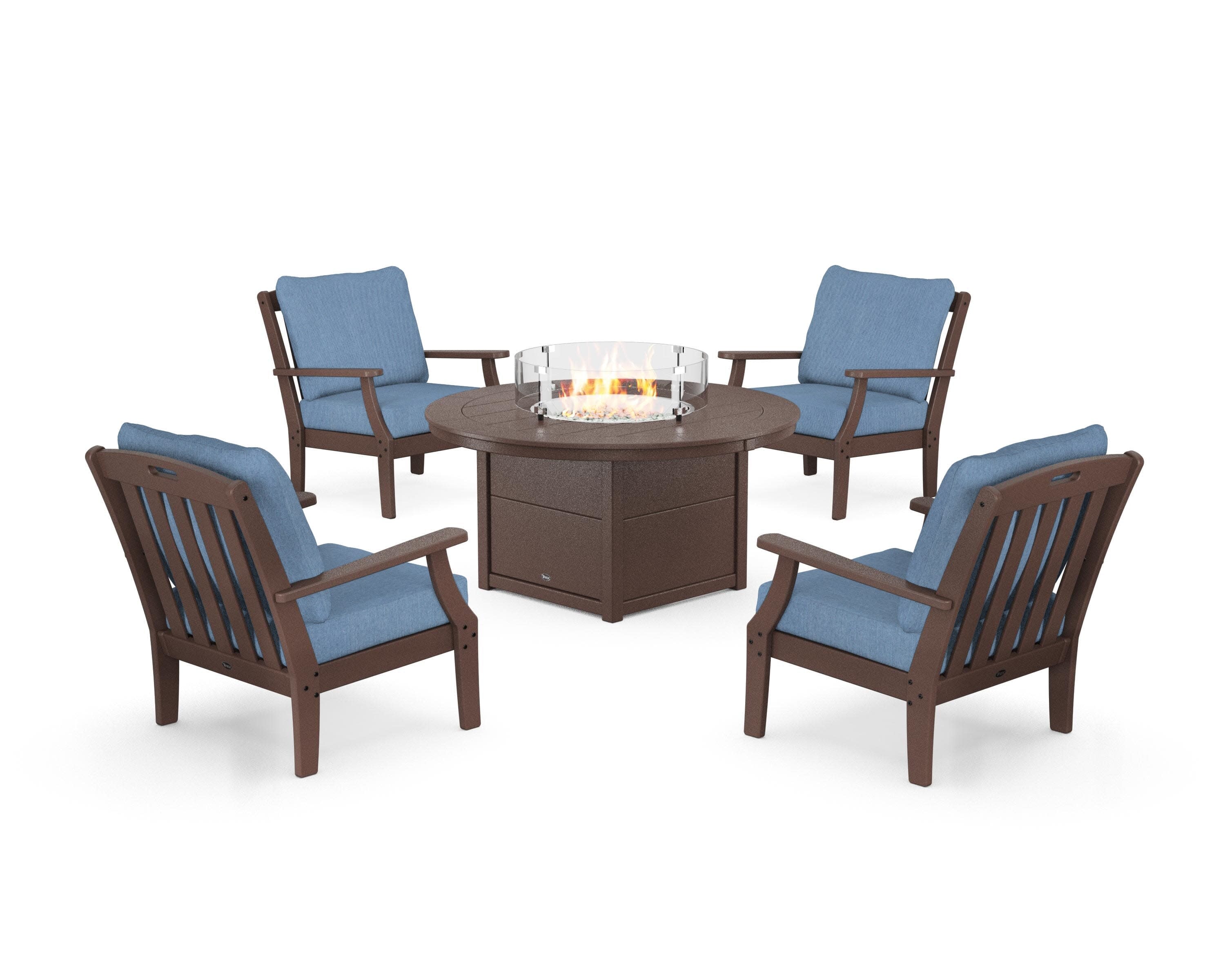 Yacht Club 5-Piece Deep Seating Set with Round Fire Pit Table in Vintage Lantern / Sky Blue