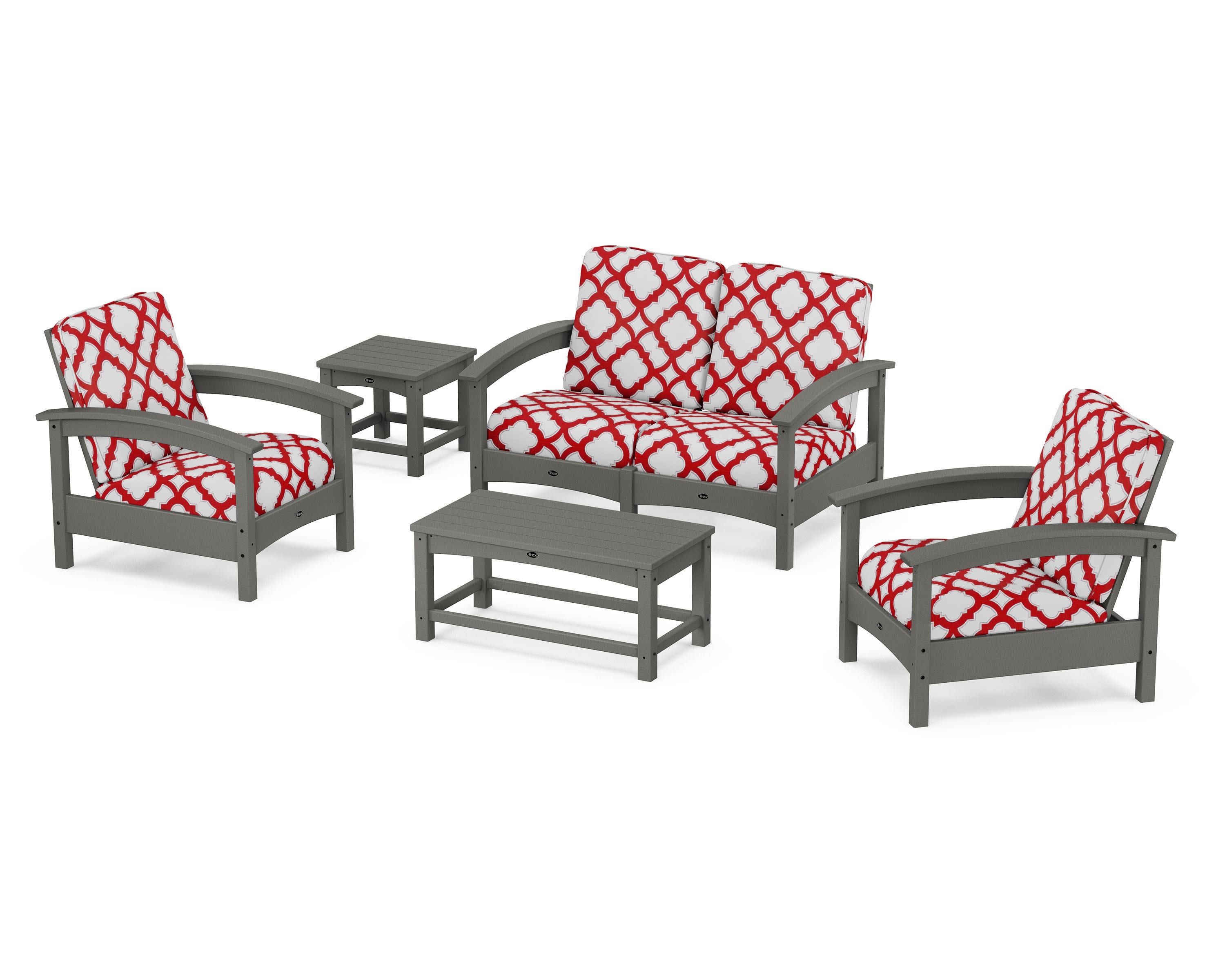 Rockport Club 6-Piece Deep Seating Conversation Set in Stepping Stone / Trellis Crimson
