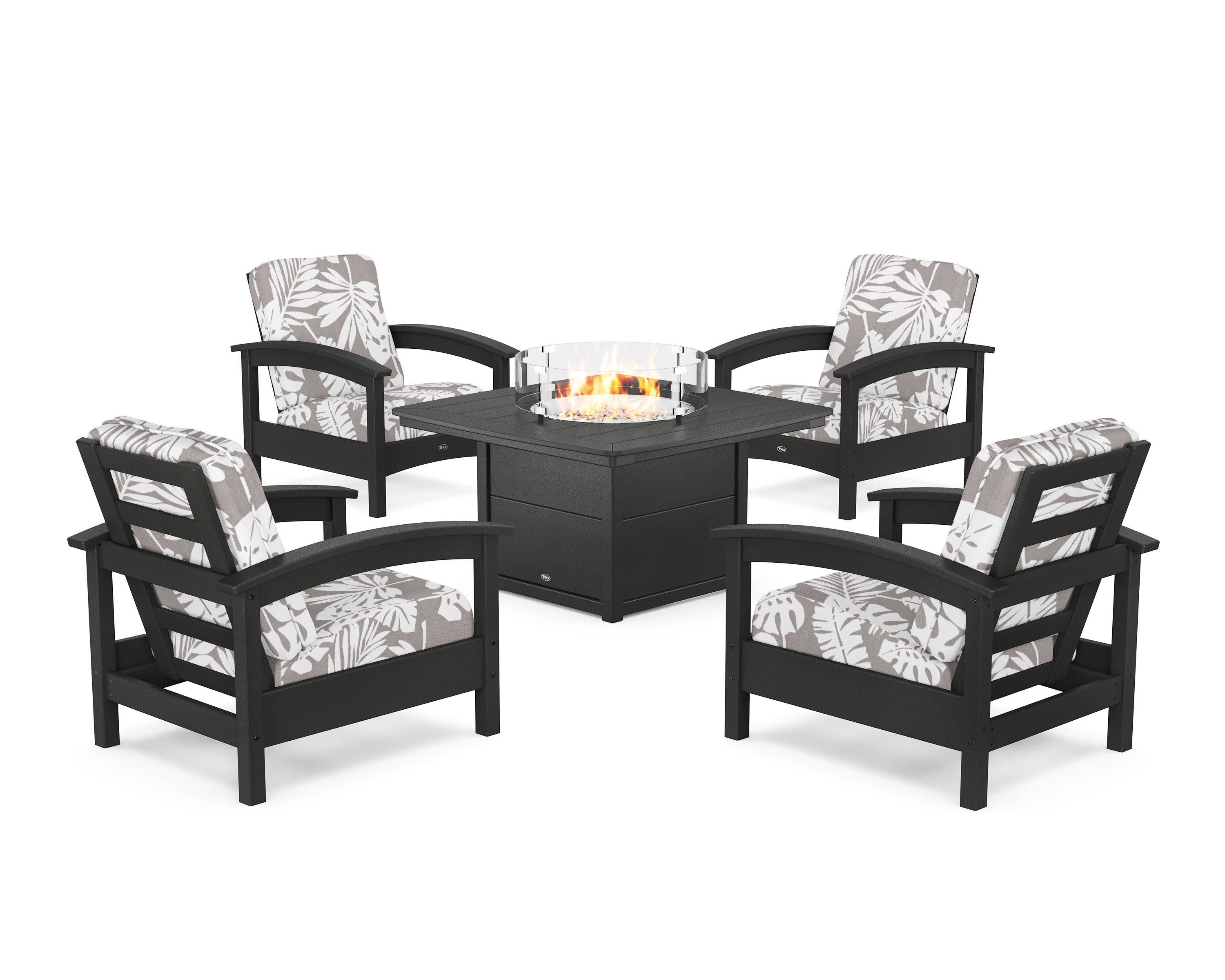 Rockport 5-Piece Deep Seating Set with Yacht Club Fire Pit Table in Charcoal Black / Leaf Grey Mist